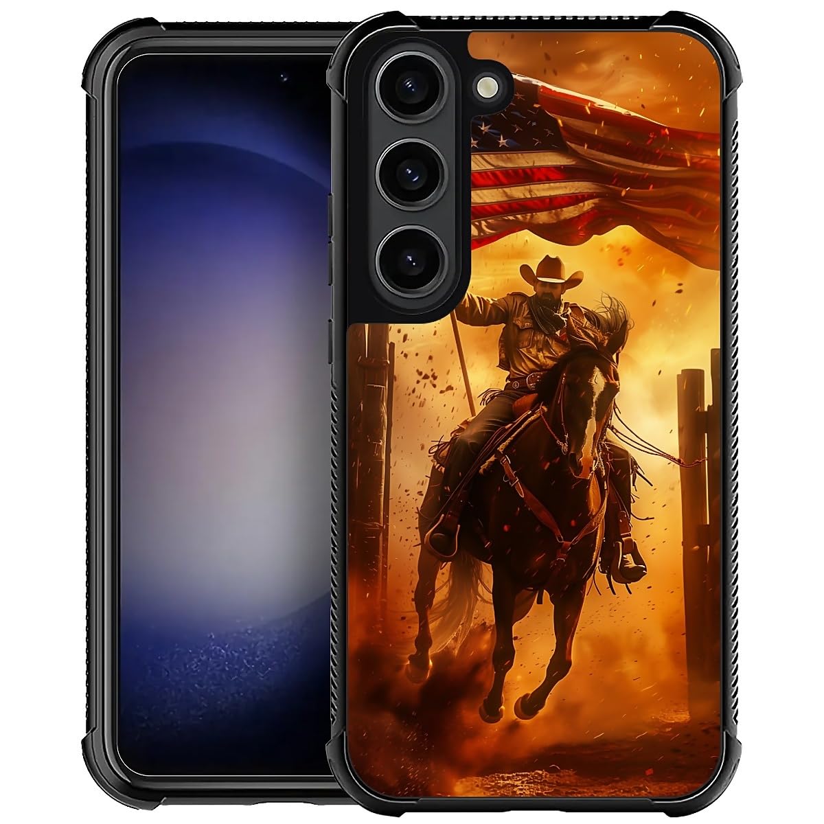 Carloca Compatible With Samsung Galaxy S23 Plus Case, Horse American Flag Cowboy Pattern For Girl Ultra Protection Shockproof So