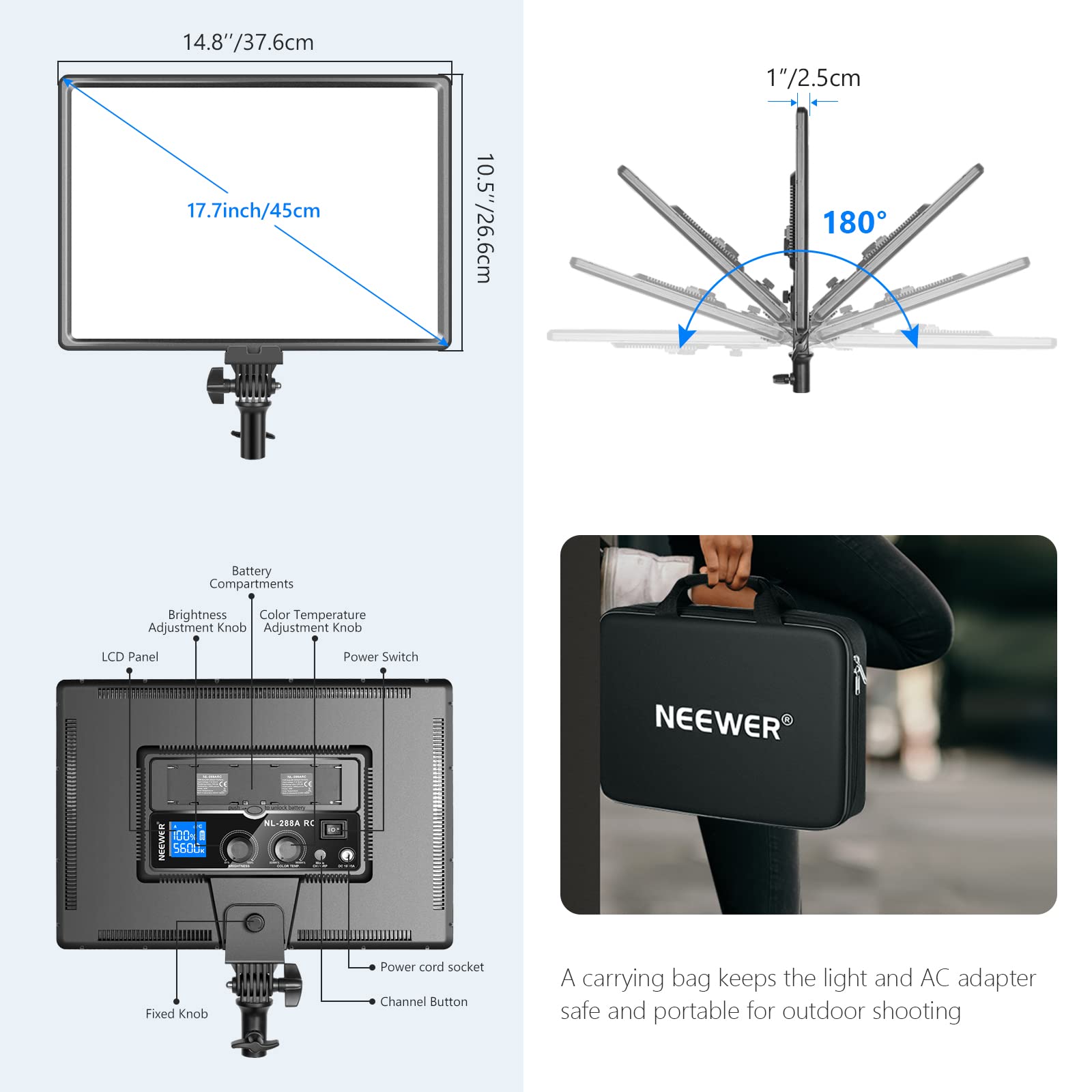 Neewer Nl288 Led Video Light With 2.4G Remote, 45W 4800Lux 3200K 5600K Cri 97+ Dimmable Bi Color 18'' Soft Light Panel For Photo