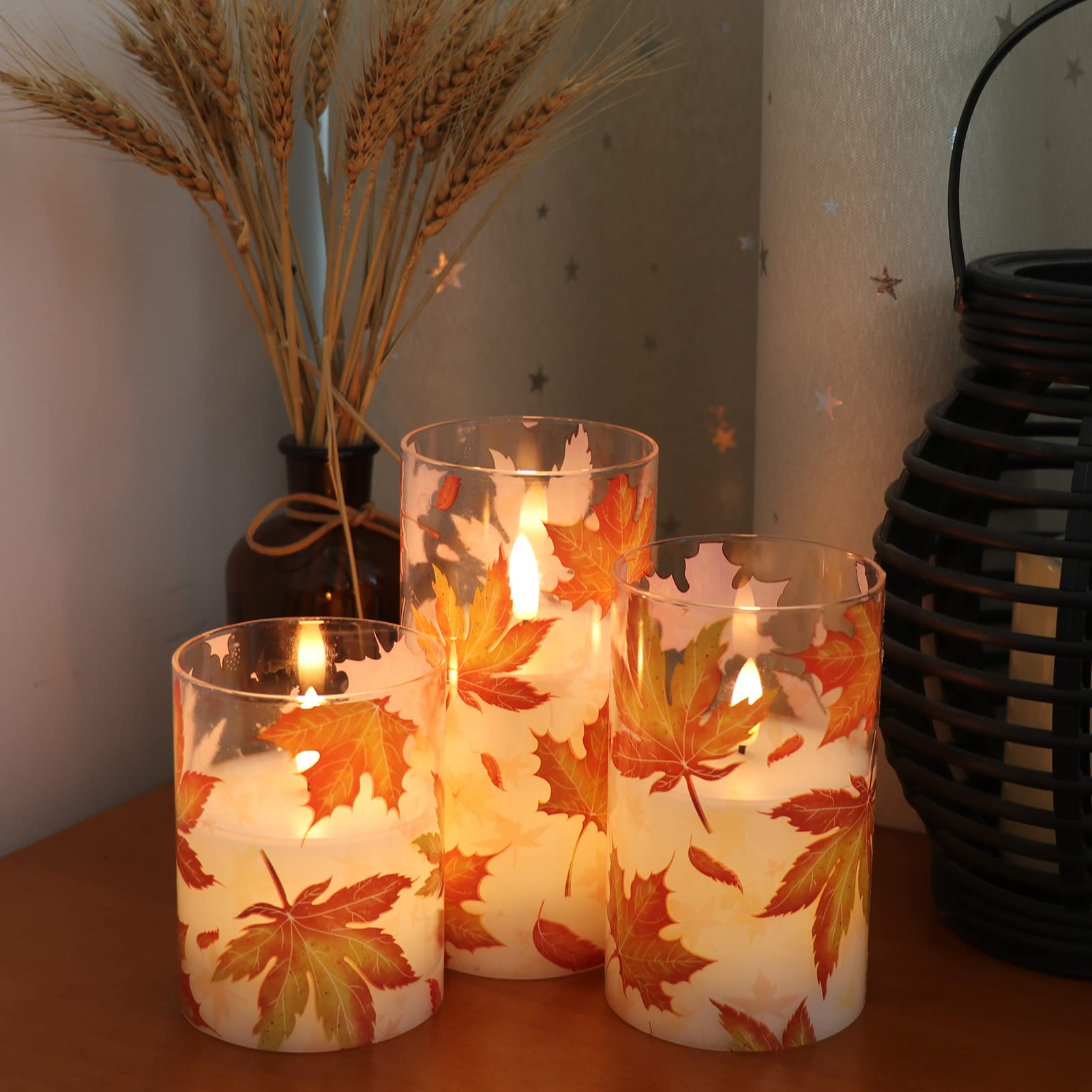 Genswin Glass Maple Leaf Flameless Candles With Remote Timers, Battery Operated Led Flickering Candles, Real Wax Pillar Candles