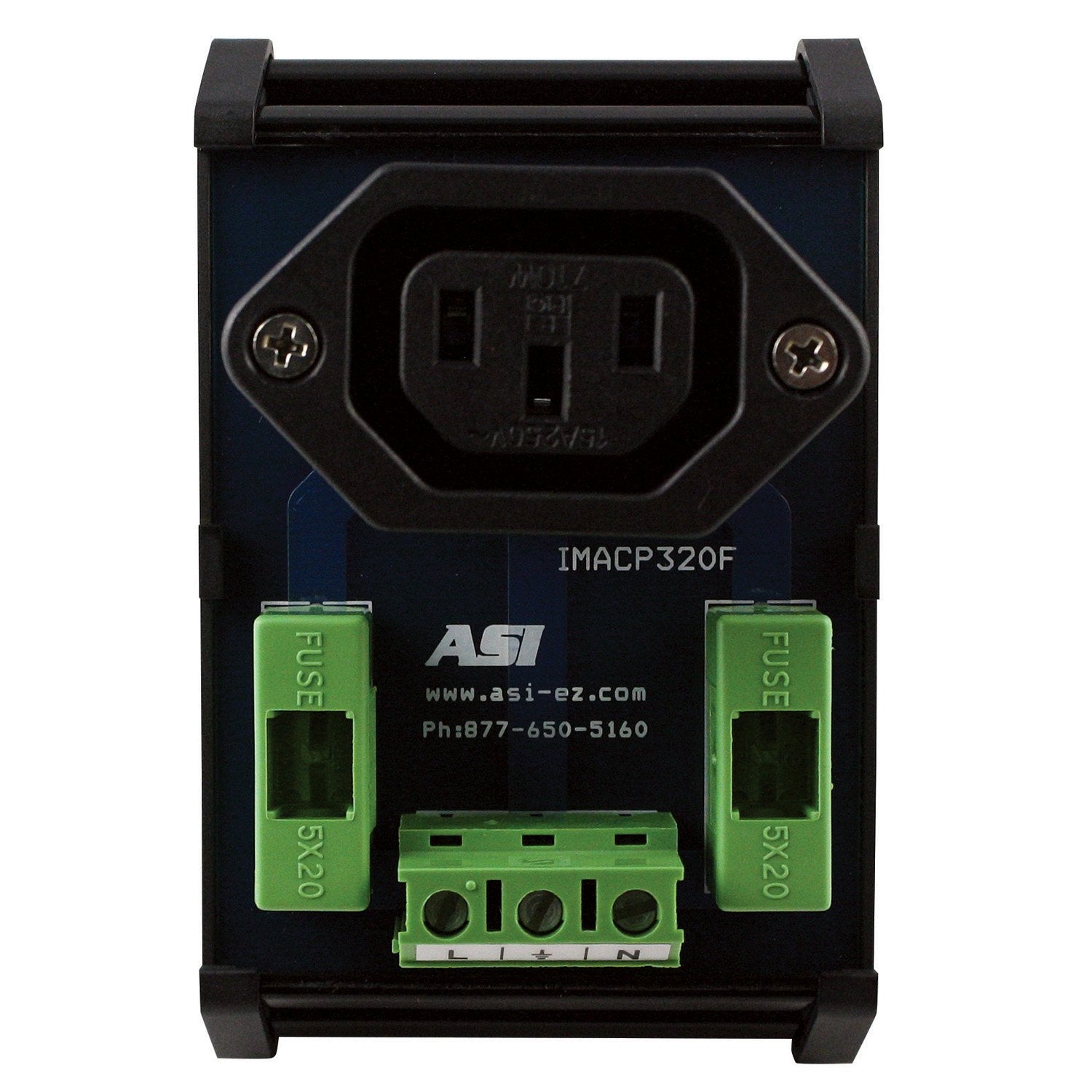Asi Imacp320F Din Rail Mounted Single Ac Outlet Iec320 Connector With Fuse Protection, 10 Amp, 250 Vac, 30 To 12 Awg, Uses 5 X 2