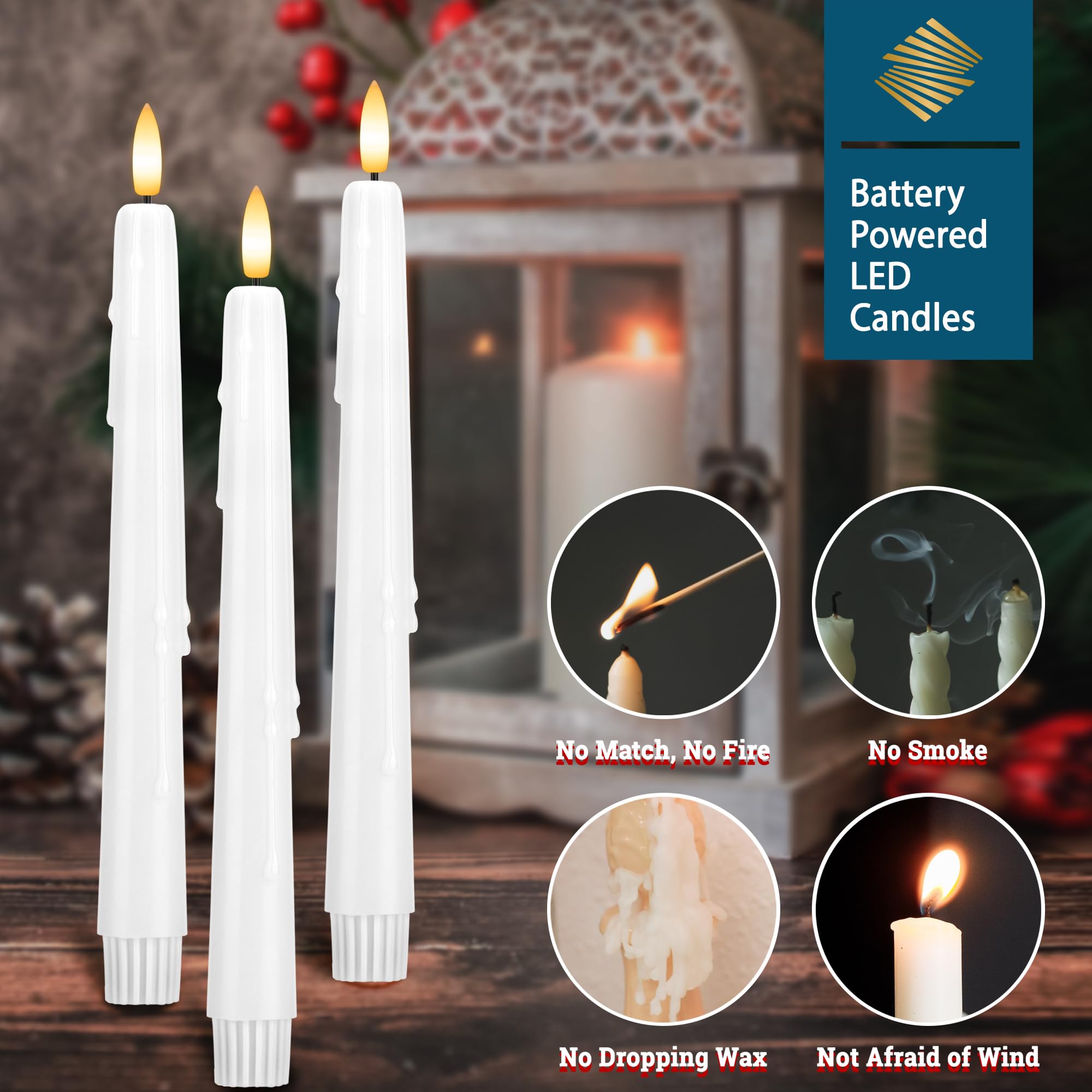 Sehnsy Dripless Flameless Taper Candles With Remote, Real Wax Battery Operated Led Candles Set With 3D Flickering Flame, 9.6'' R