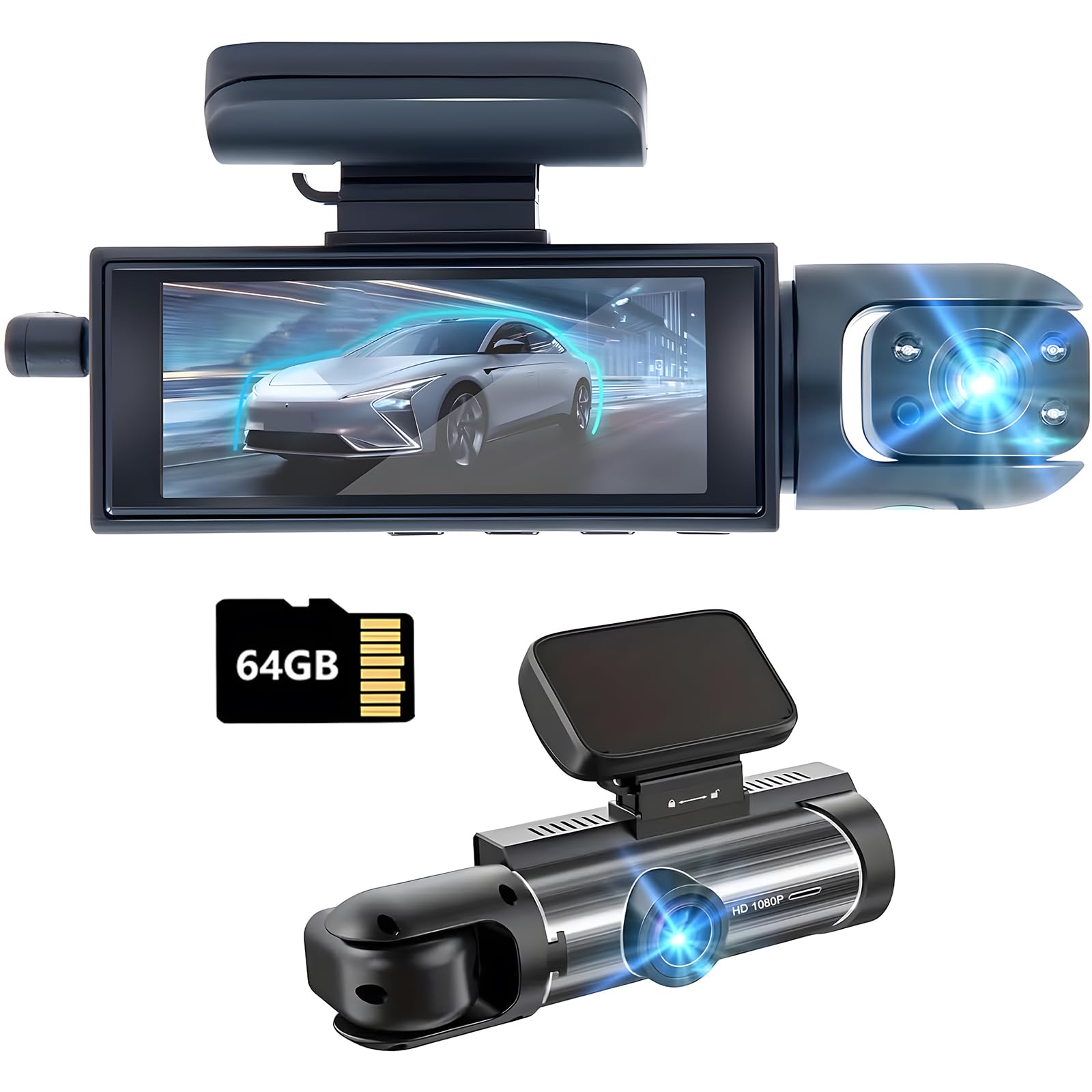 Dash Cam Front And Inside,Dashcams For Cars With 64G Card Traffic Recorder Ir Night Vision Loop Recording G Sensor 24Hr Parking