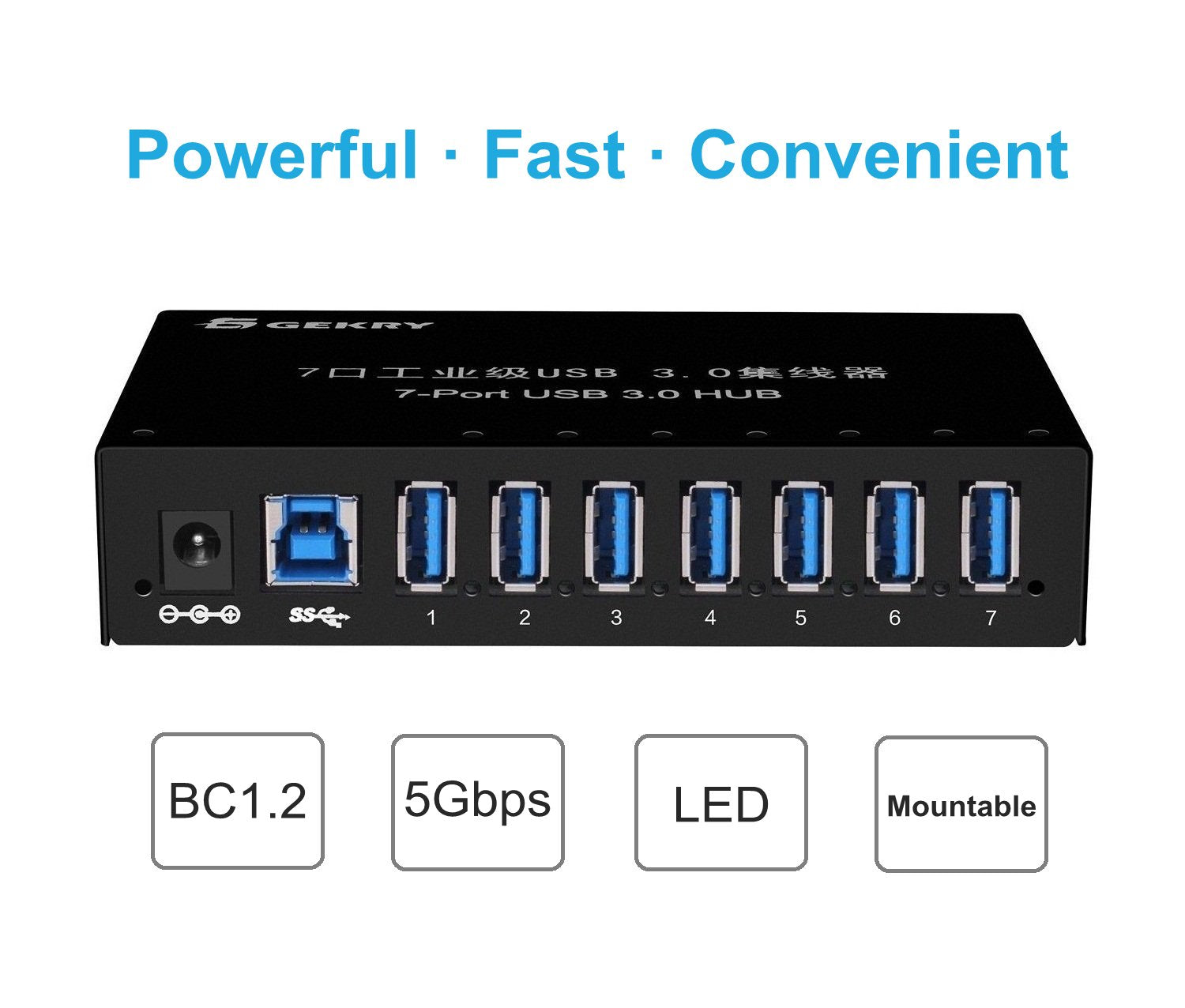 Gekry Usb 3.0 Hub, Usb Data Hub, Metal Case Mountable 7 Port Powered Usb Hub 3.0 With 36W Ac Adapter Type A