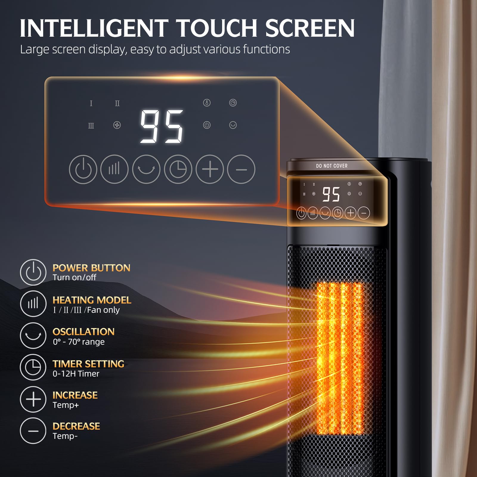 Giofxy Indoor Space Heater, 1 12H Timer, Digital Display, 70Oscillation, Ptc Ceramic Electric Heating 1500W, Suitable For Office