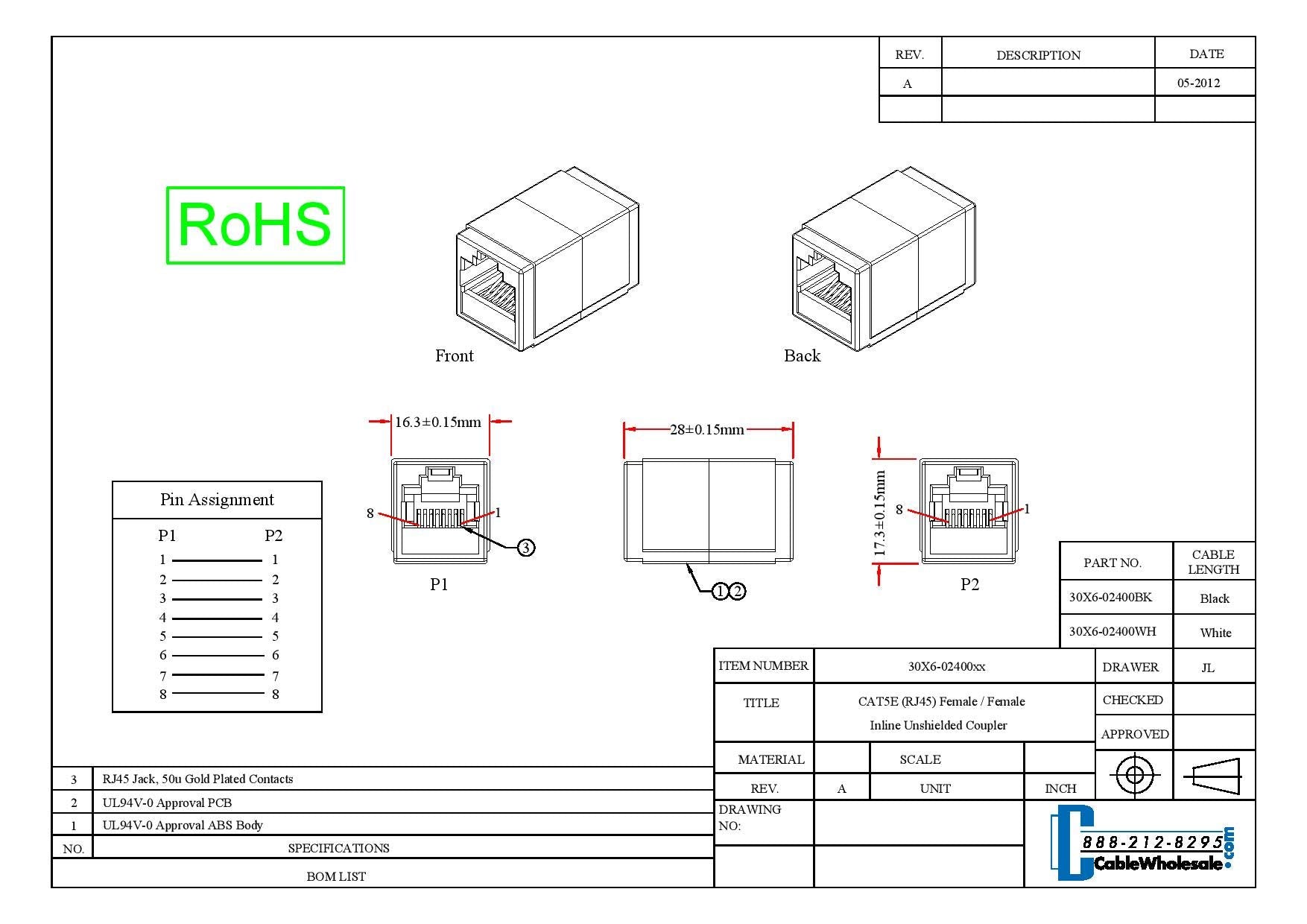 Cablewholesale Cat5E Rj45 Inline Coupler, Female To Female Cable Extender Adapter, White