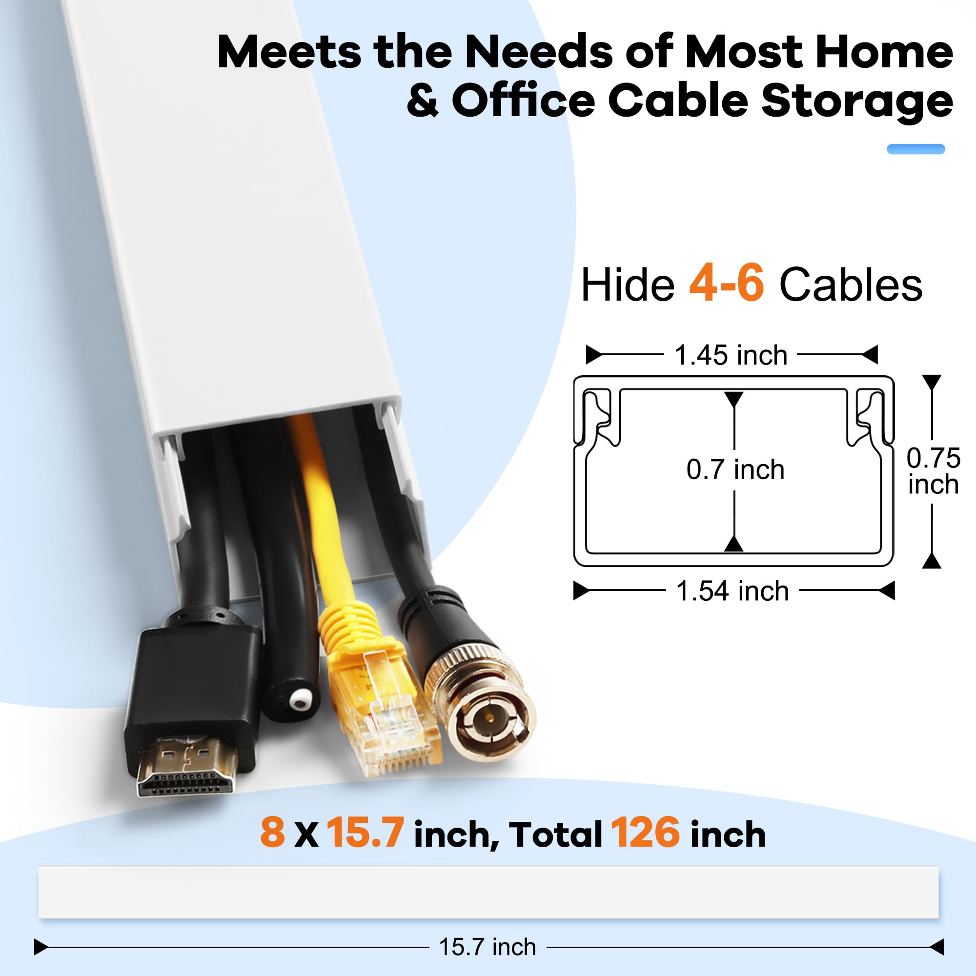 126In Cord Hider Kit, Zhiyo Cable Covers For Wires On Wall, Wire Hider For Wall Mounted Tv, White Cable Raceway, Paintable Cord