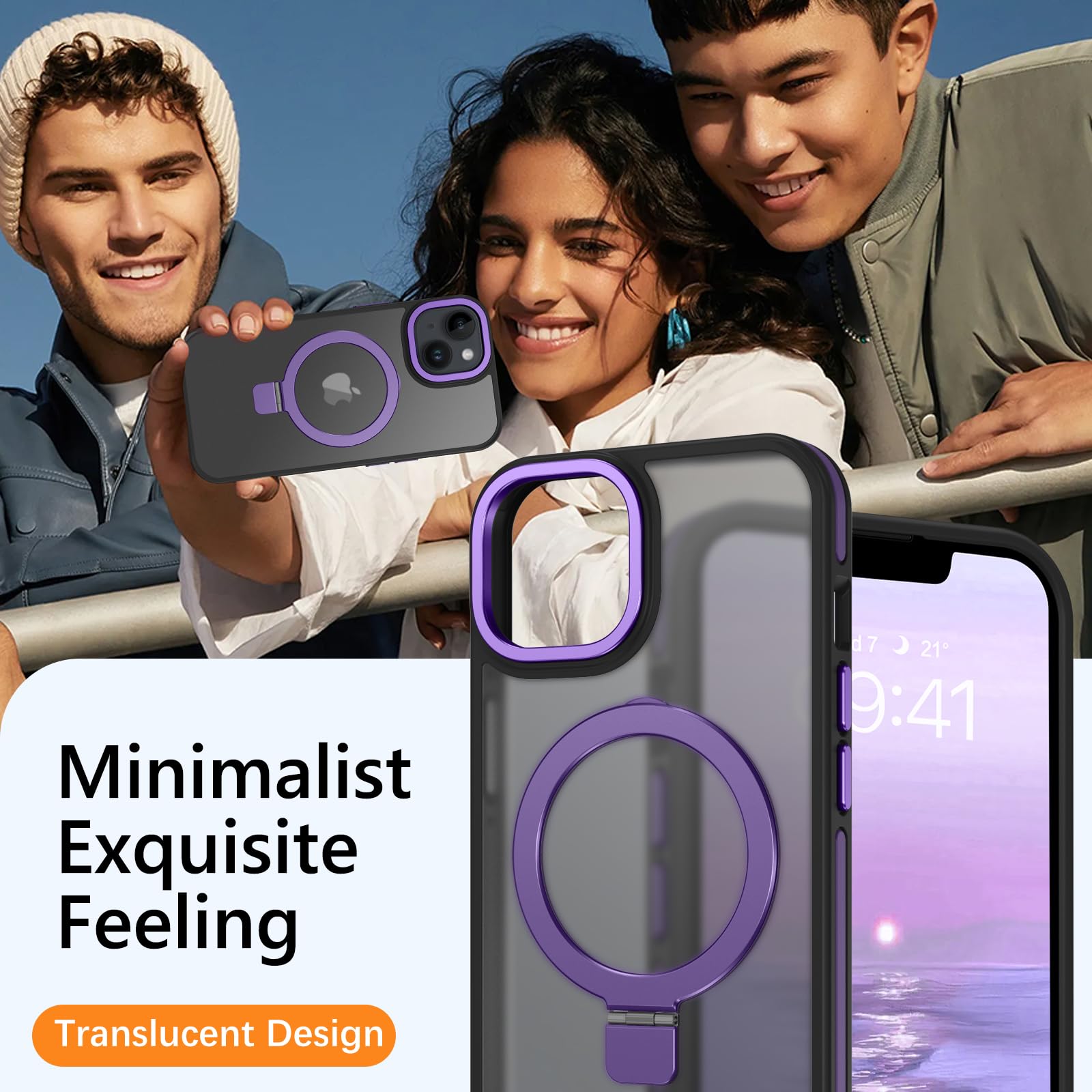 Veningo Iphone 14 Case,Iphone 13 Case,Magnetic Slim Fit Magsafe Translucent Matte Car Mount Supported Foldable Ring Holder Kicks