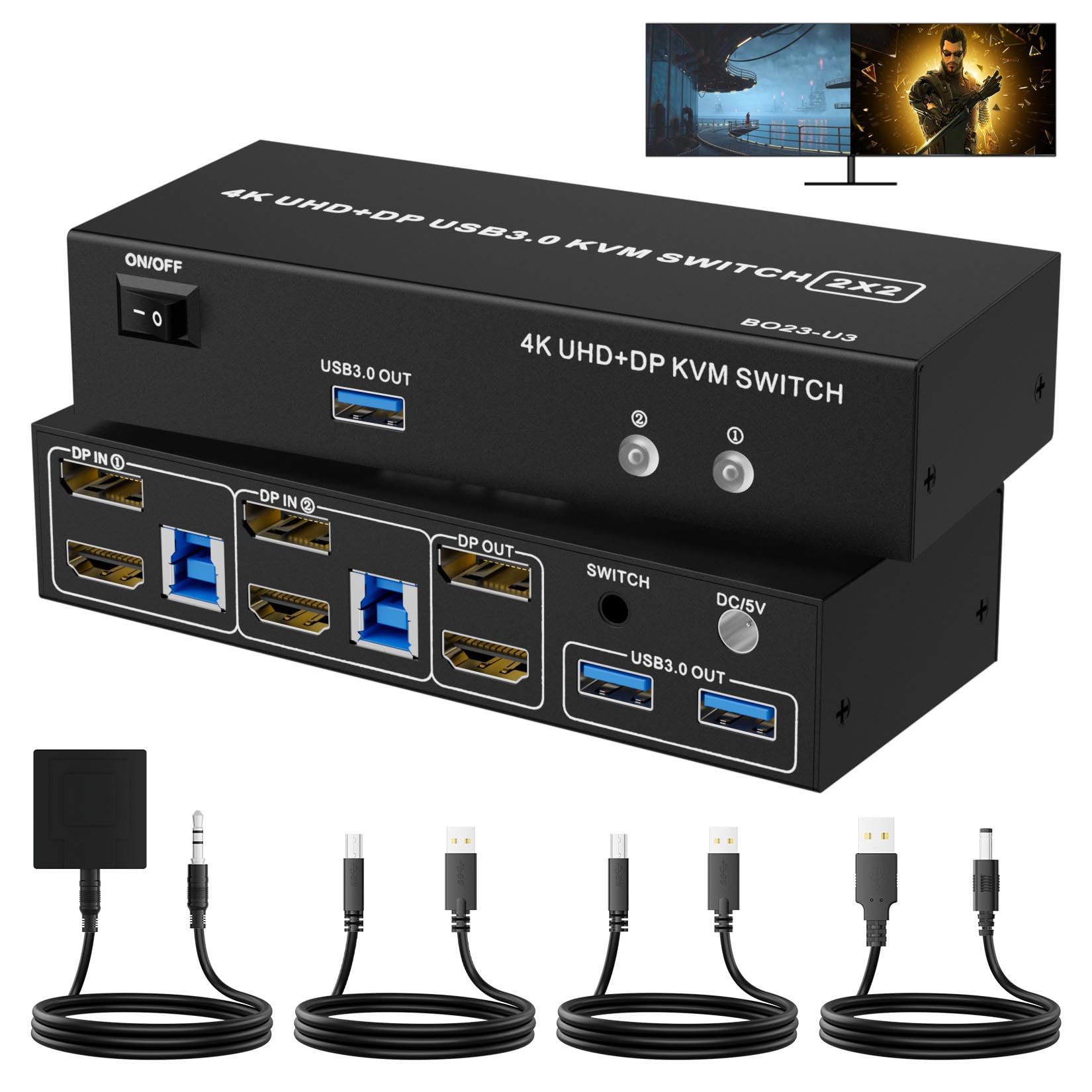 Lukfocab Dual Monitor Hdmi + Displayport Kvm Switch 2 Monitors 2 Computers With 3 Usb 3.0 Ports, Support 4K@60Hz Copy Extended S