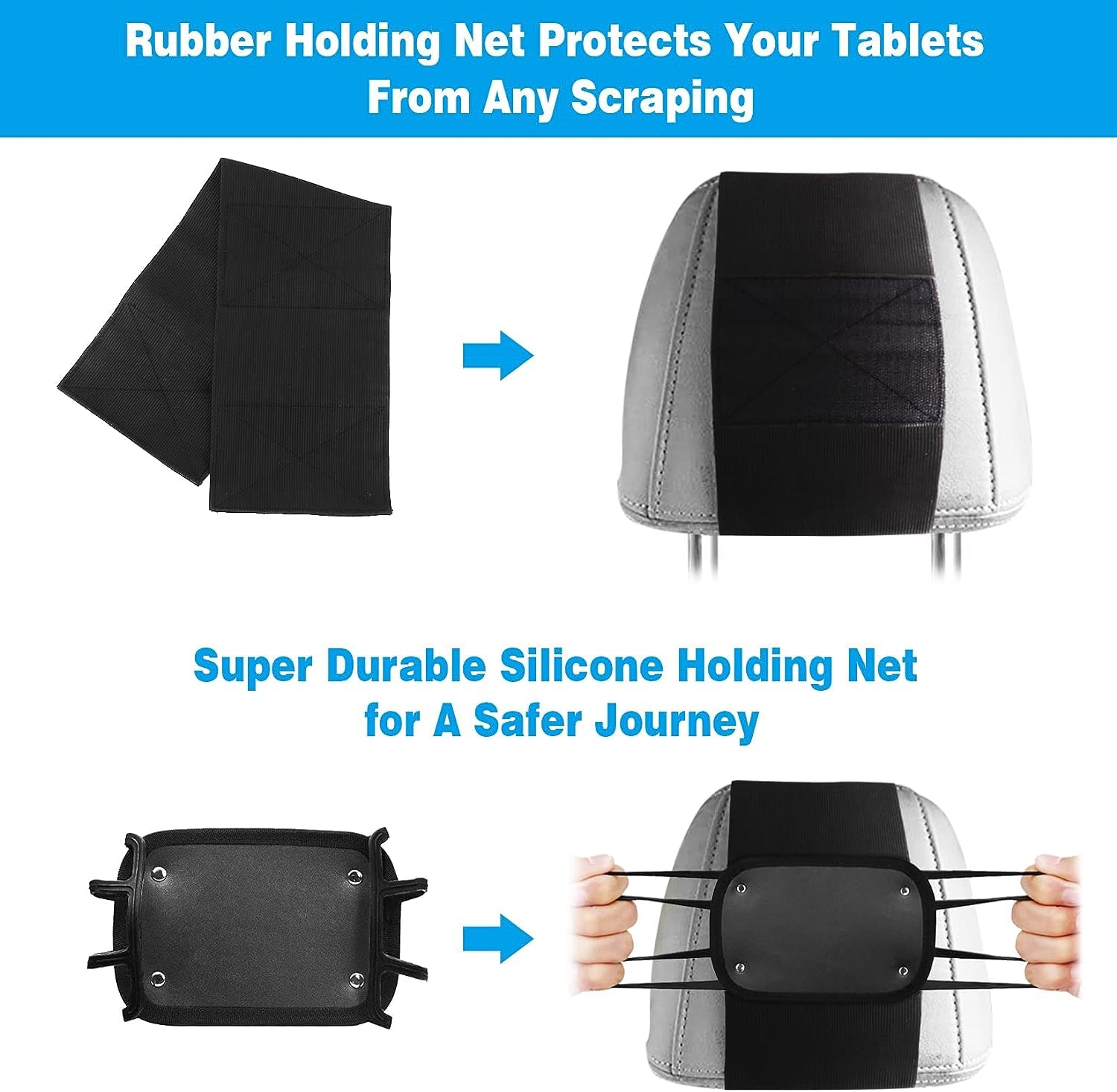 Bigasuo Car Headrest Mount Holder For Kids Tablet Holder For Car Backseat Anti Slip Strap Holding Net Adjustable Angle Seat Moun