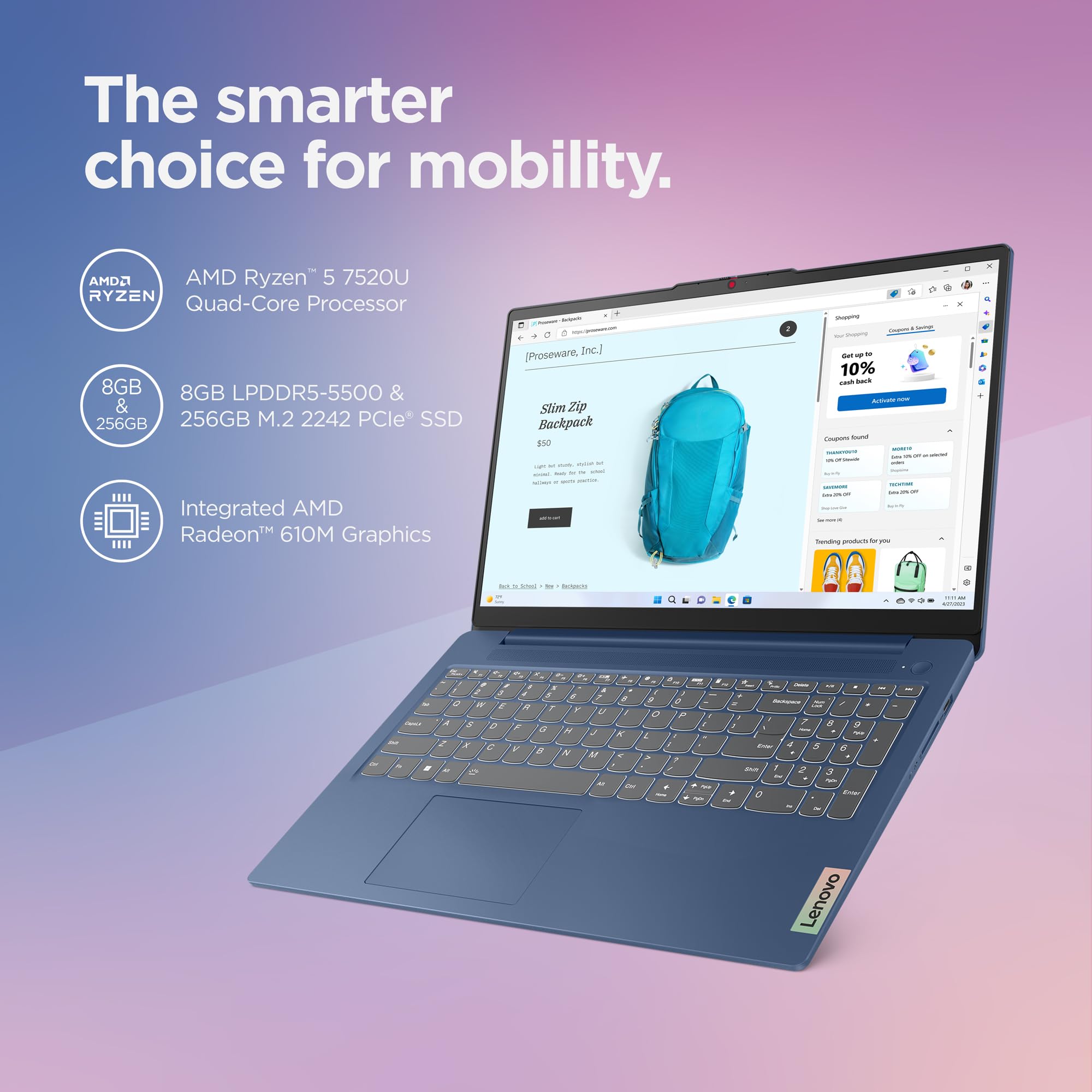 Lenovo Ideapad Slim 3 - Everyday Laptop - Lightweight - Windows 11-15.6 Fhd - 8Gb Memory - 256Gb Storage - Amd Ryzen 5 7520U - A