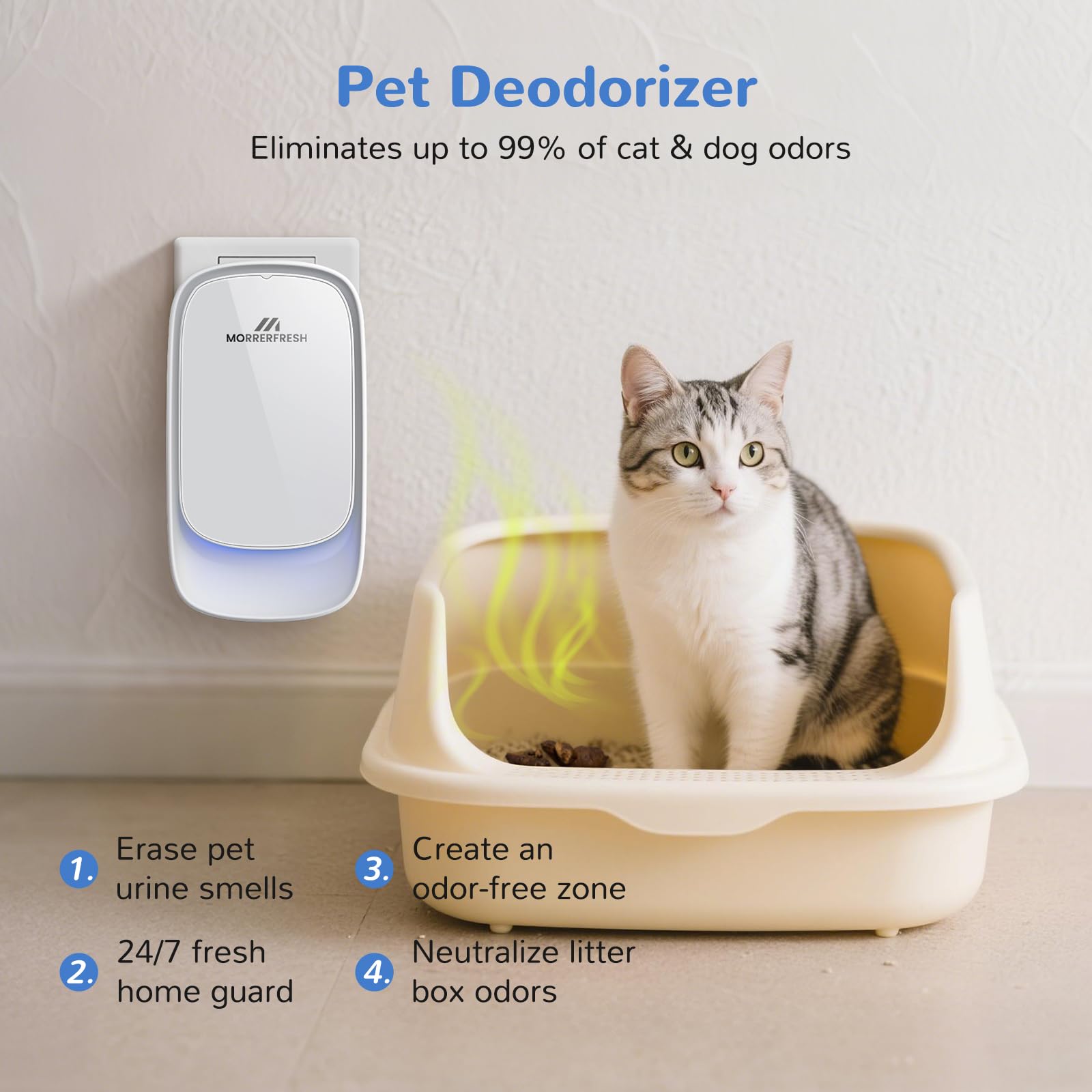 Morrerfresh Cat Litter Deodorizer, 99% Odor Eliminator, Ozone-Free Air Purifier, 1 oz, Pearl White, Model MNS-X11