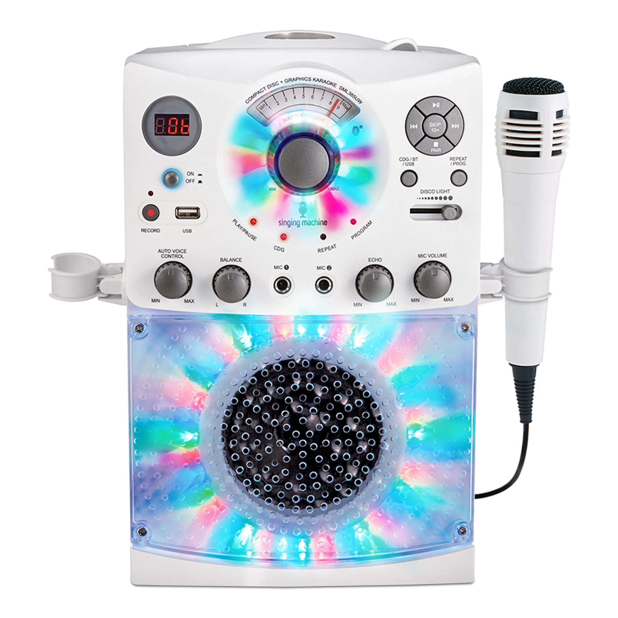 Singing Machine Portable Karaoke Machine For Adults & Kids With Wired Microphone, White   Built In Speaker, Bluetooth With Led D