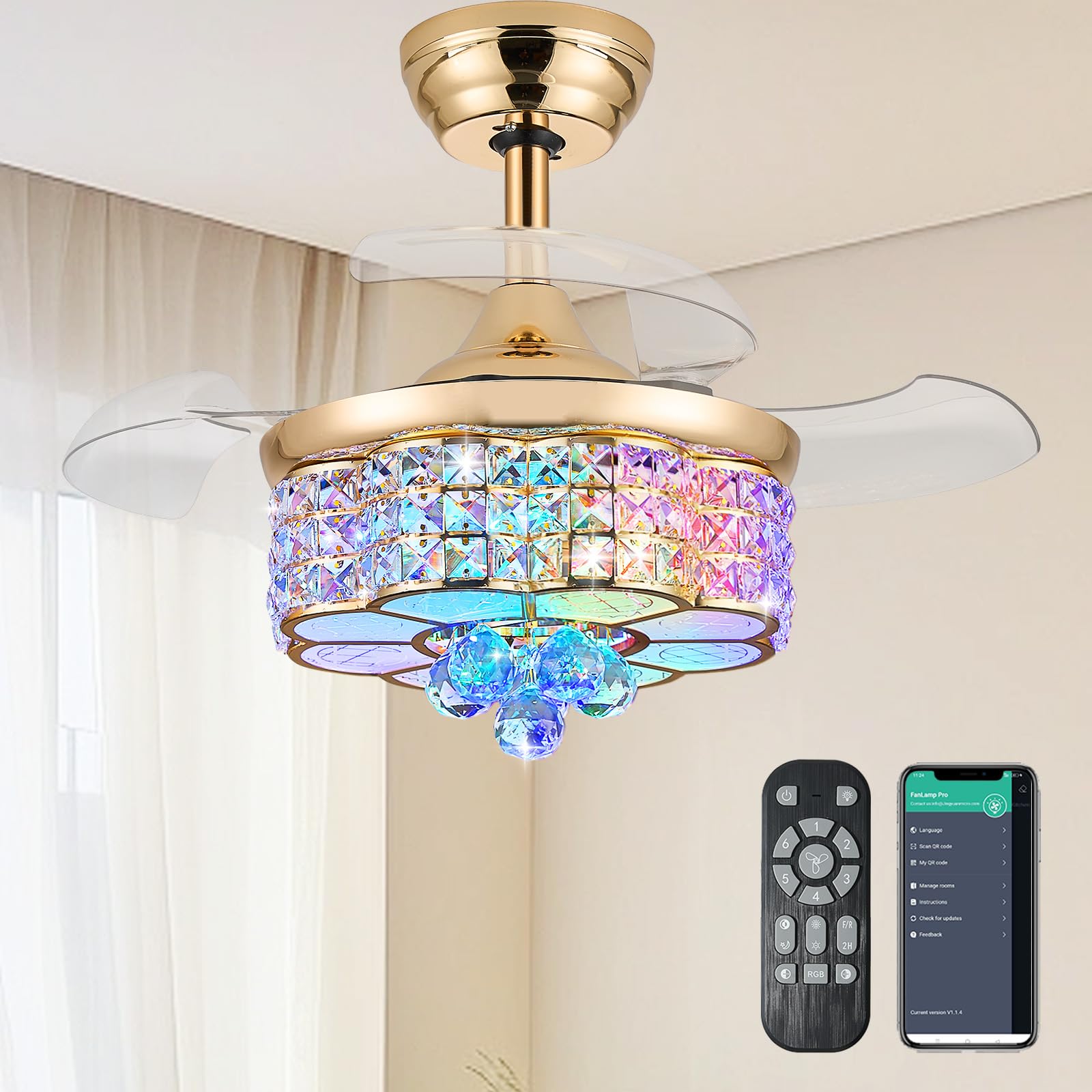 Zynfandor 30 RGB Retractable Crystal Ceiling Fan with Light Dimmable Bluetooth Chandelier Fan, 6-Speed Timer, APP Remote Control