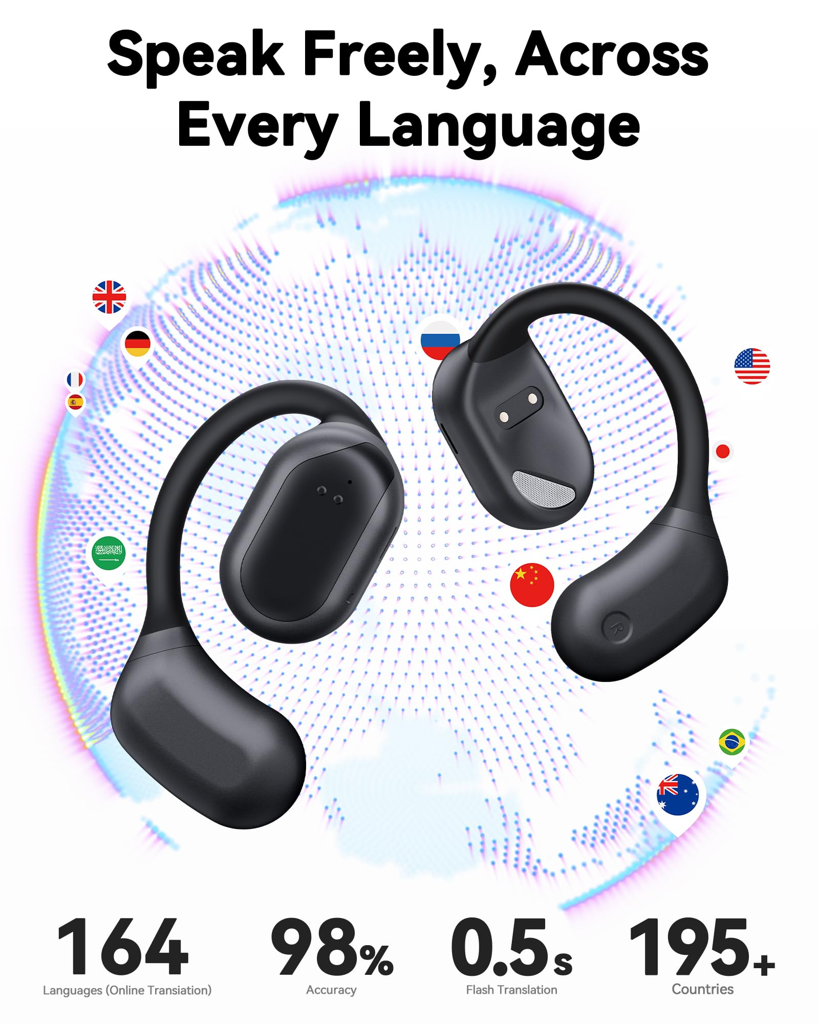 Ai Translation Earbuds Real Time, 164 Languages & Accents, Translator Earbuds 90H Playtime, Translation Headphone Led Display Au