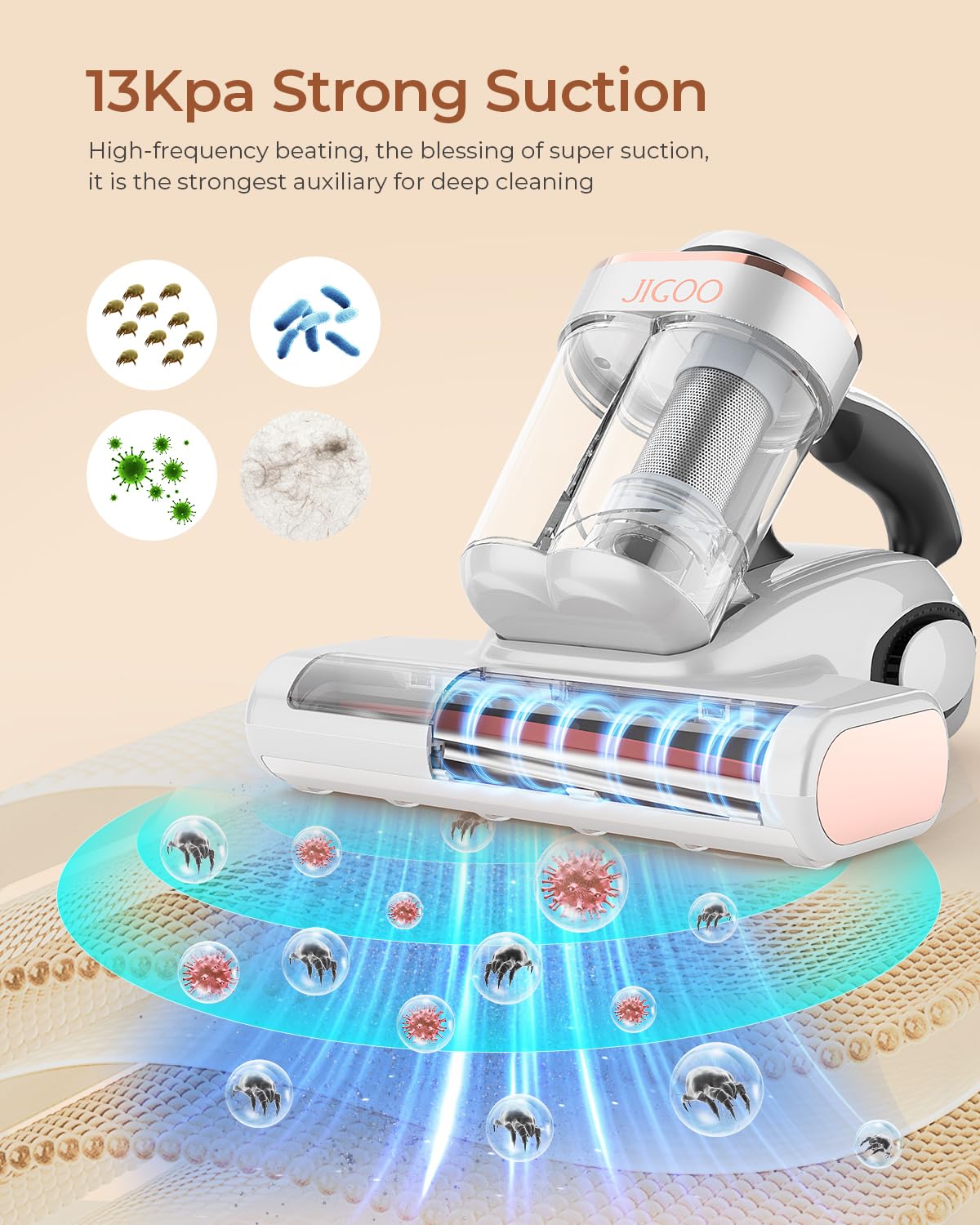 JIGOO J300 Bed Vacuum Cleaner - 13Kpa Suction, UV & Ultrasonic, Corded, White