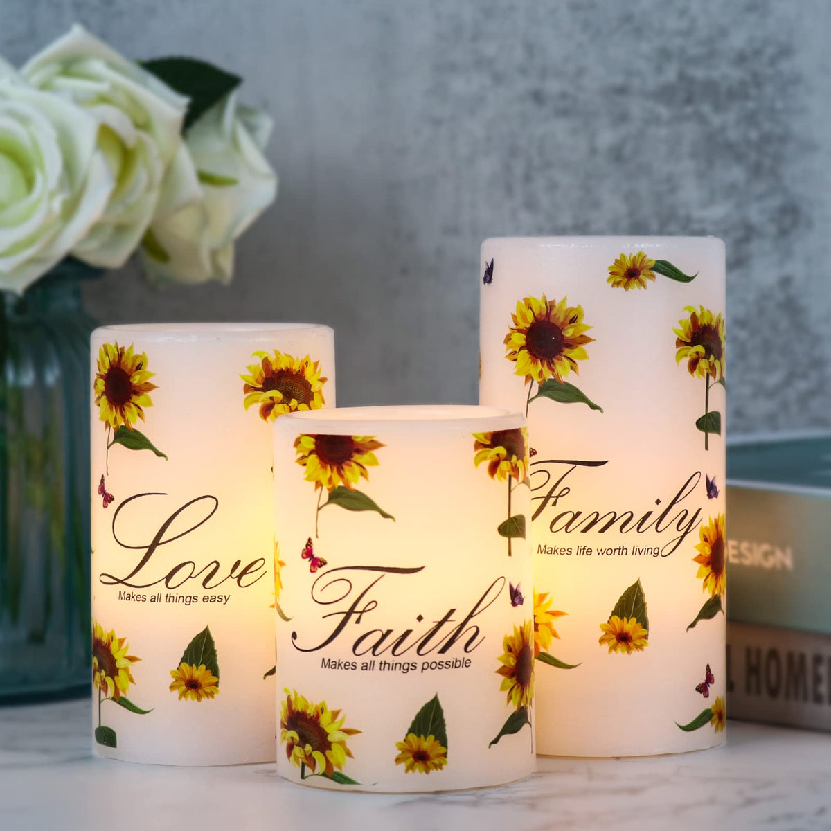 Dromance Sunflower Flameless Flickering Candles With 6H Timer, Set Of 3 Battery Operated White Real Wax Led Pillar Candles Party