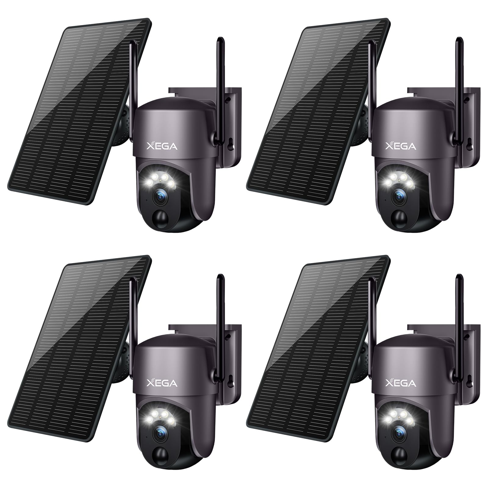 Xega 4 Pack Security Camera Wireless Outdoor 2K 360 PTZ Camera Solar Security Cameras 2.4G WiFi Video Surveillance w/Spotlight &