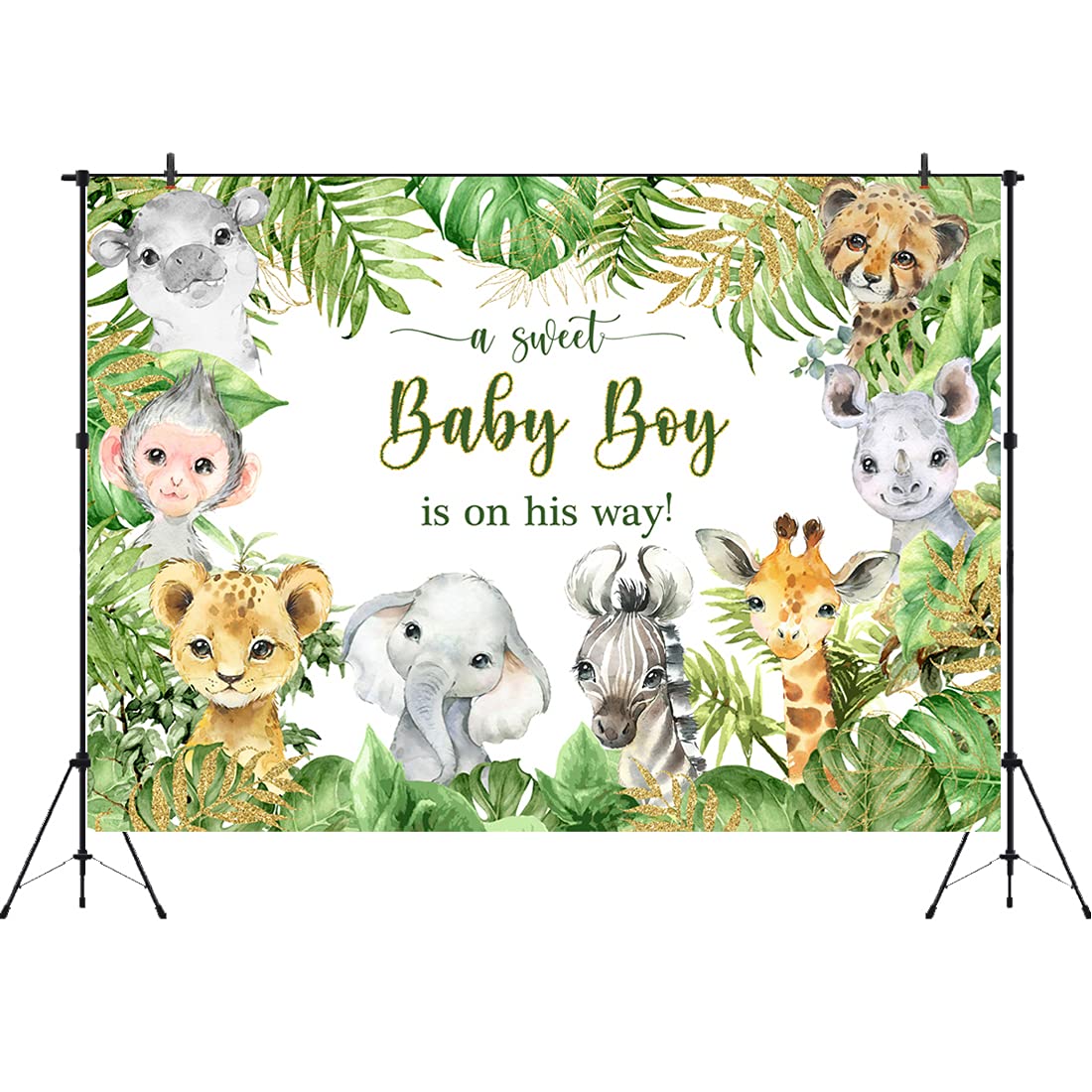 Aperturee 7X5Ft Jungle Safari Animals Baby Shower Backdrop Baby Boy Is On His Way It'S A Boy Photography Background Green Leaves Photo Booth Studio Cake Table Banner Party Decorations Props Supplies