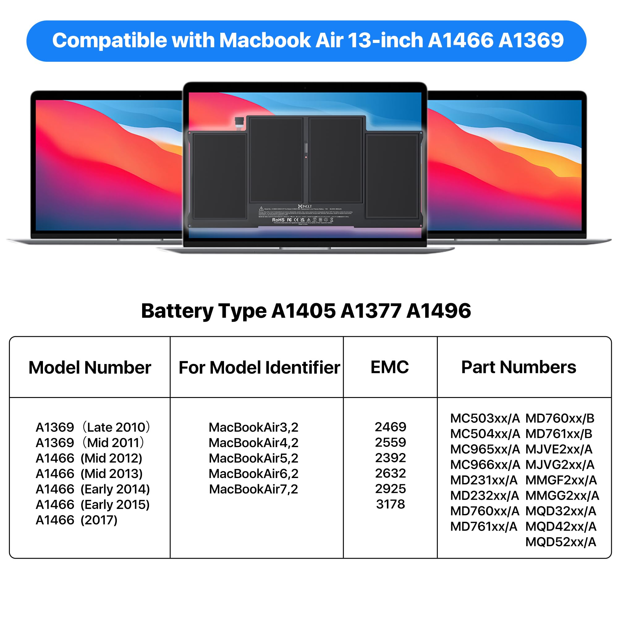 Xinglt Replacement Laptop Battery For Apple Macbook Air 13 Inch A1466(Mid 2012, Mid 2013, Early 2014, Early 2015,2017) A1369(Lat