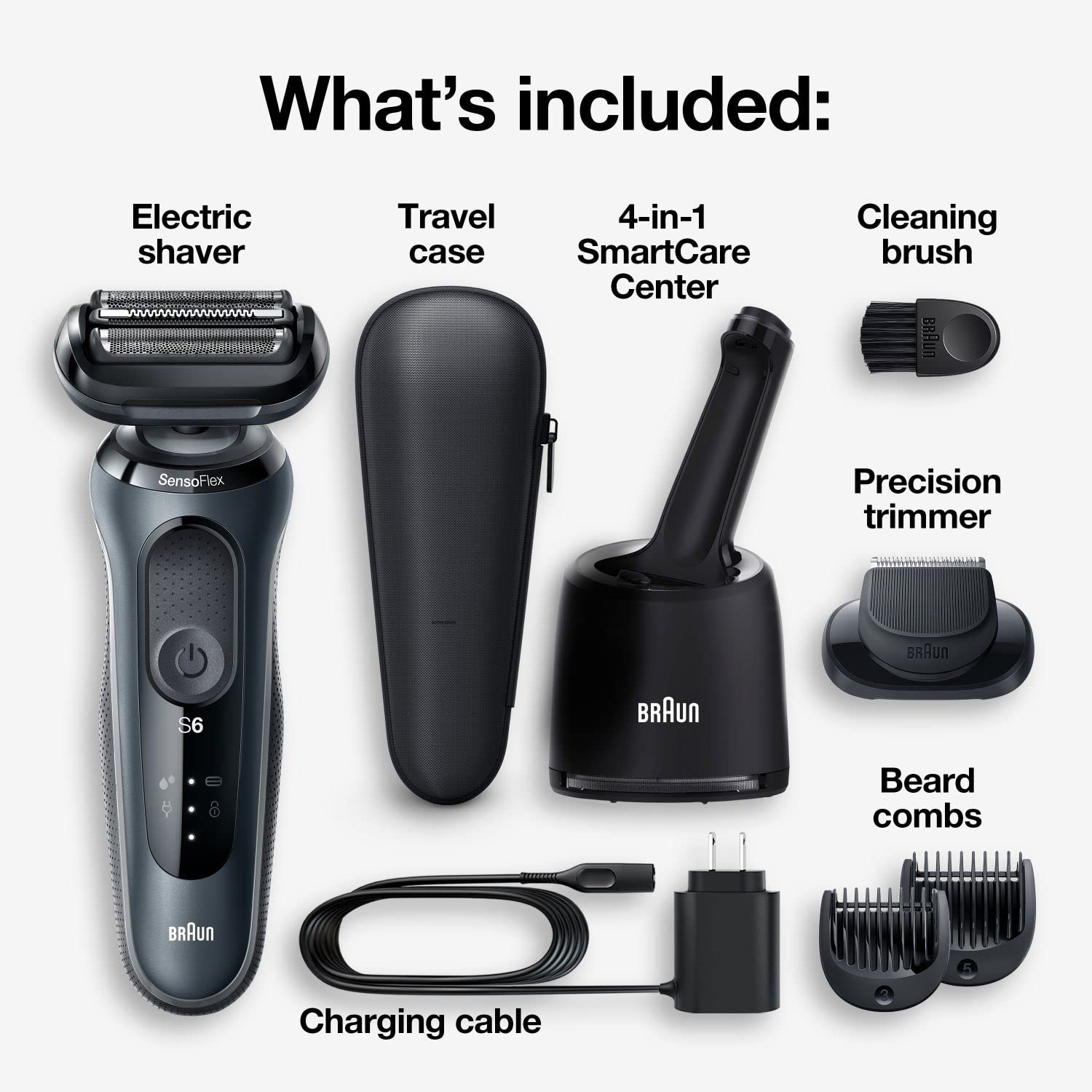 Braun Electric Shaver For Sensitive Skin, Wet & Dry Shave, Series 6 6075Cc, With Beard Trimmer, Clean & Charge Smartcare Center,