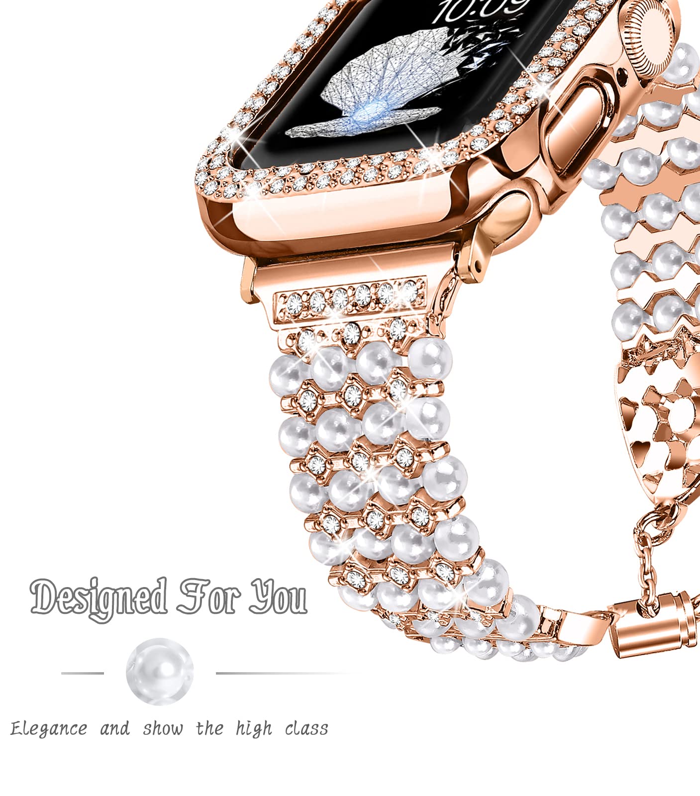 Joyozy Bling Pearl Bracelet 44Mm And Case Compatible For Apple Watch Band 44Mm, Women Sparkle Diamond Case With Rhinestone Cute