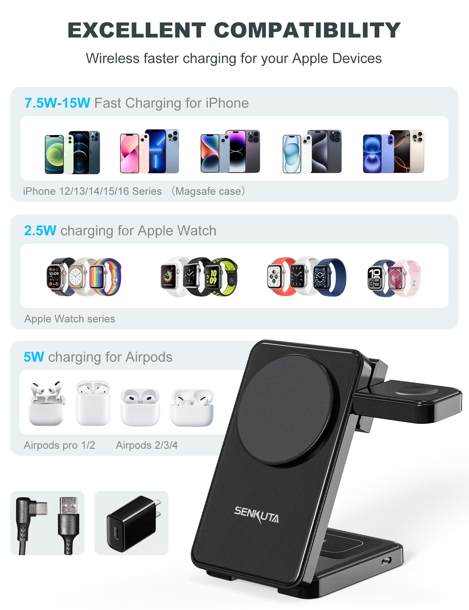 Wireless Charger Charging Station For Apple: 3 In 1 Wireless Charger Multiple Devices For Iphone 16/15/14/13/12 - Fast Travel Ch