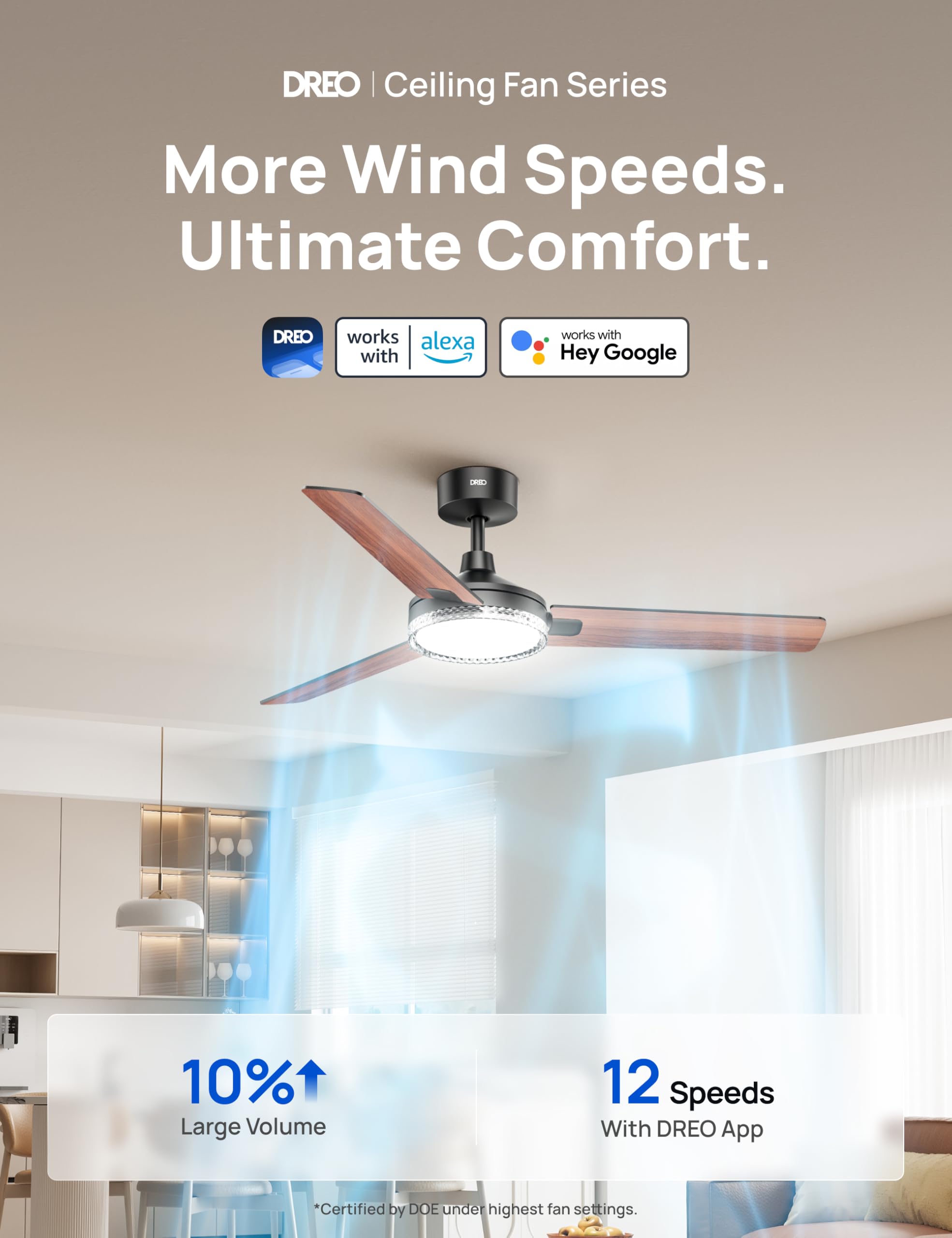 Dreo Smart Ceiling Fans With Lights, 52 Inch Black Ceiling Fan, 12 Speeds & 3 Fan Modes, Stepless Color Tones, Dimmable Led Ligh