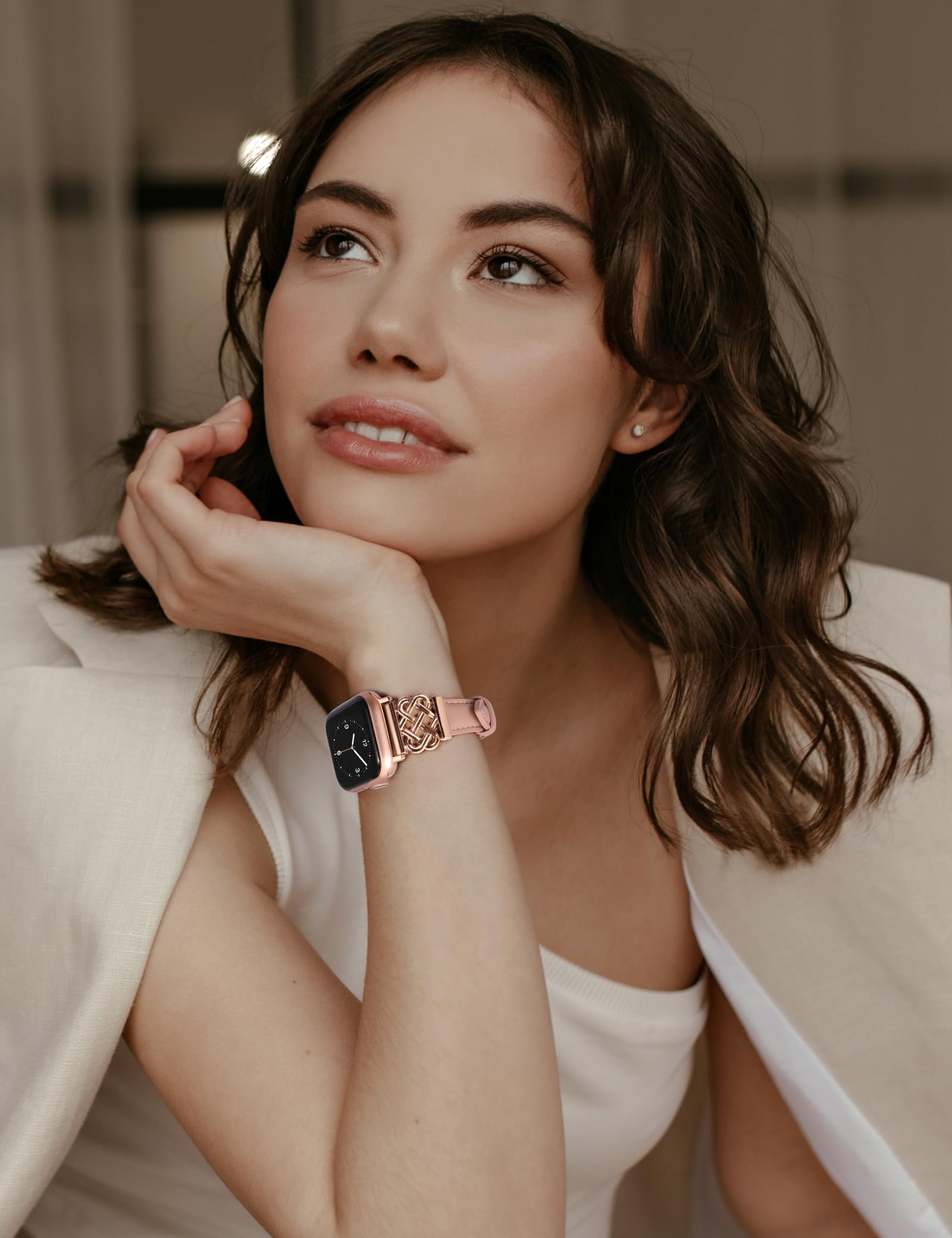 Toyouths Leather Band Compatible With Apple Watch Bands Women 38/40/41/42Mm Dressy Slim Leather Strap With Designer Interlock Bu