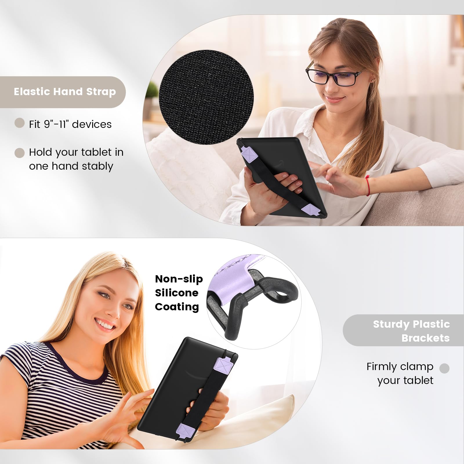 MoKo Security Hand Strap for 9 11 Inch Tablet, iPad/iPad Pro/iPad Air/Kindle Fire HD/Samsung, High Elasticity Versatile Hand Strap Lightweight Finger Grip Holder, Black Belt, Taro Purple