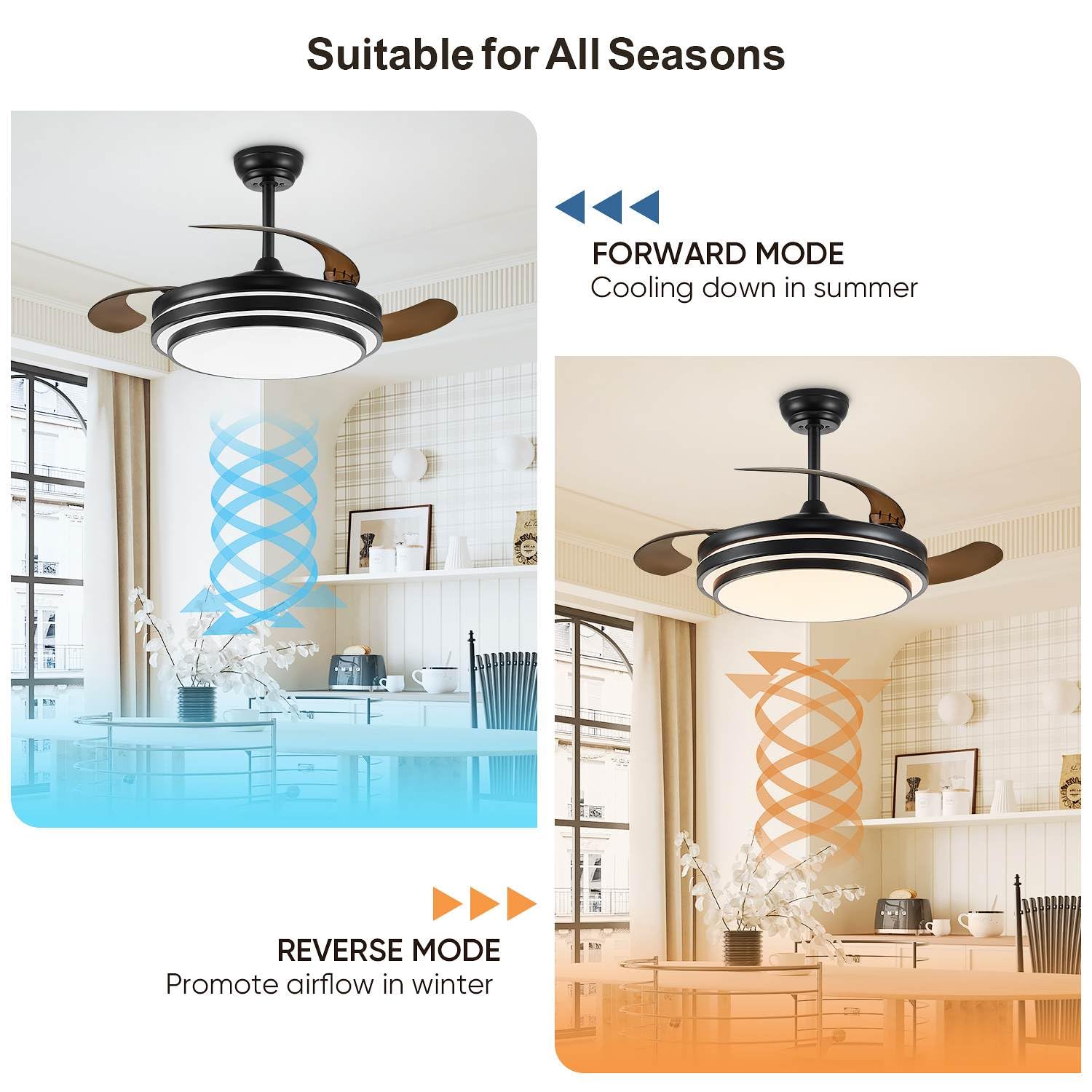 Fidgra 48 Inch Fandelier Ceiling Fan With Light, Retractable Ceiling Fan With Lights For Bedroom Living Room Dinning Room, Chand