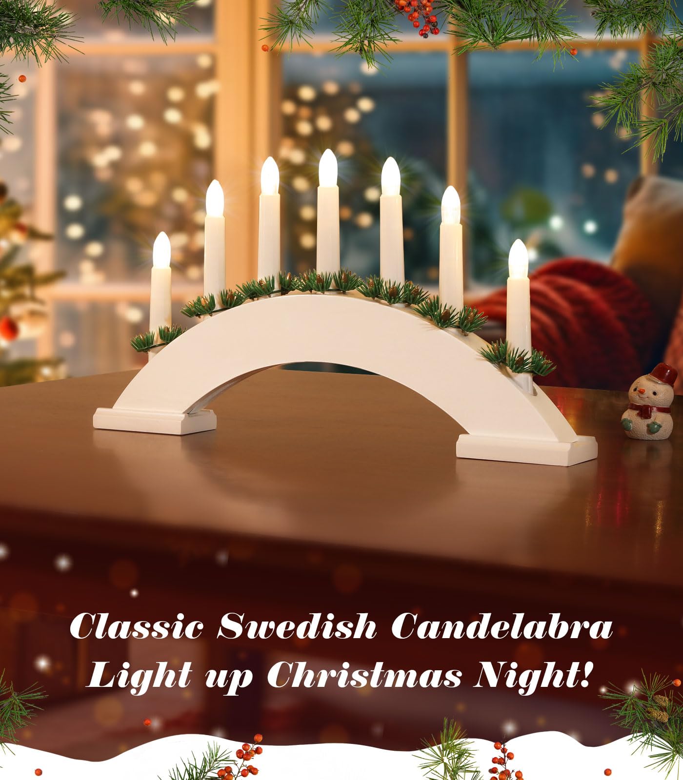 Lewondr Christmas Swedish Candelabra, 7 Taper Flameless Candles With Usb Powered, Christmas Window Candle Light With Pine Needle