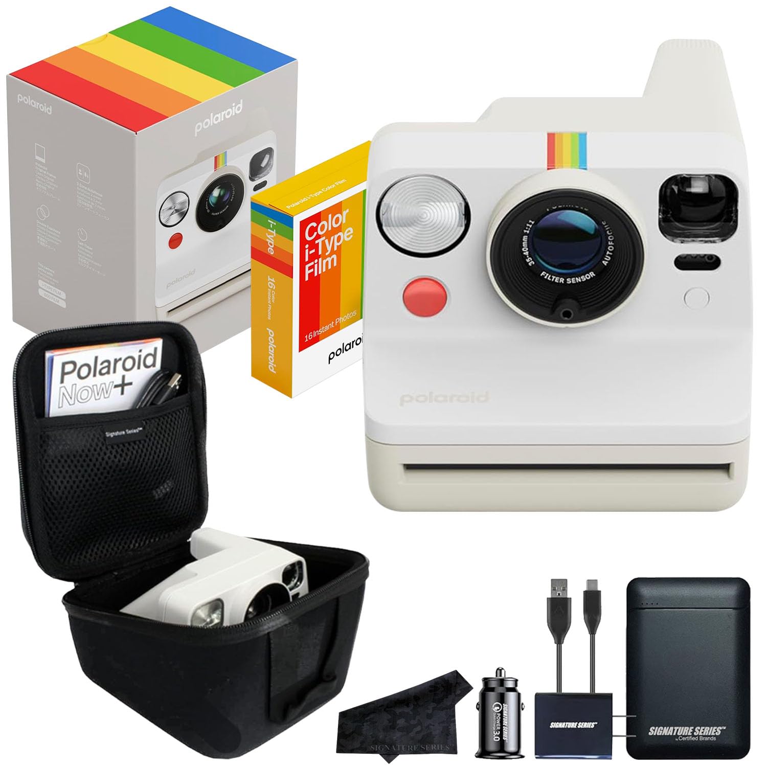 Polaroid Now 3rd Generation i-Type Instant Film Camera with 16 Color Film Photos, Pebble White, with Signature Series Power Bund