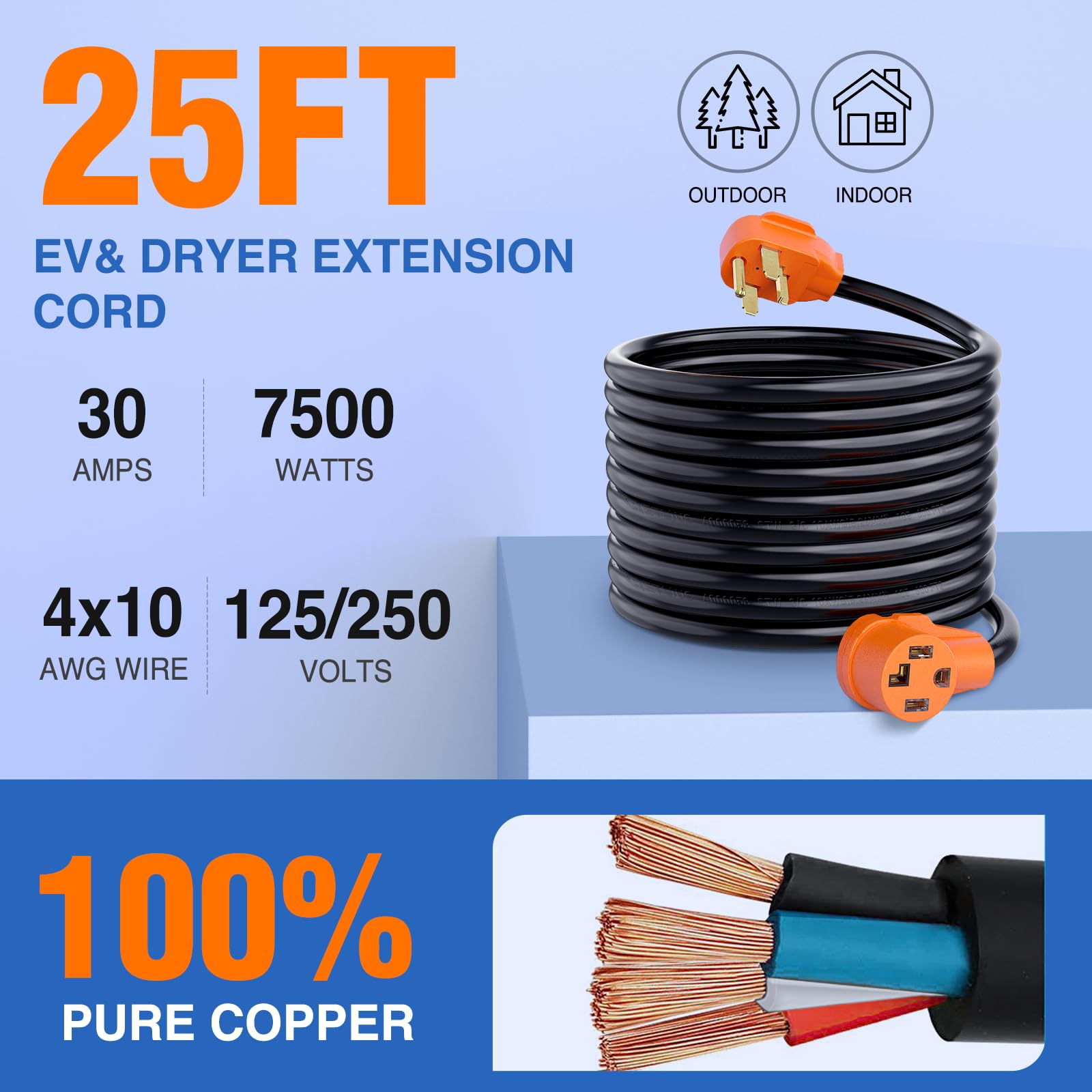 Nilight 25Ft Ev Dryer Extension Cord 4 Prong 30 Amp Nema 14 30P 14 30R Old Dryer Extension Cable Heavy Duty 10 Gauge Pure Copper