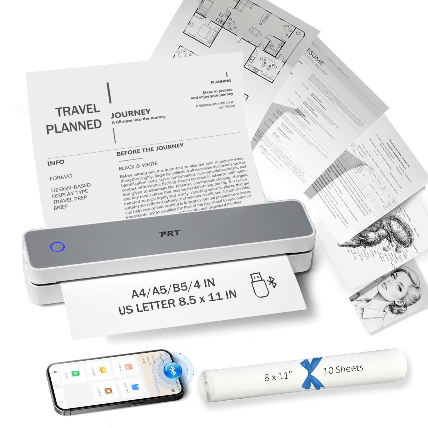 Prt Inkless Portable Printer For Travel, Wireless Thermal Printer Support 8.5 X 11 Inch Us Letter A4 B5, Bluetooth Mobile Printe