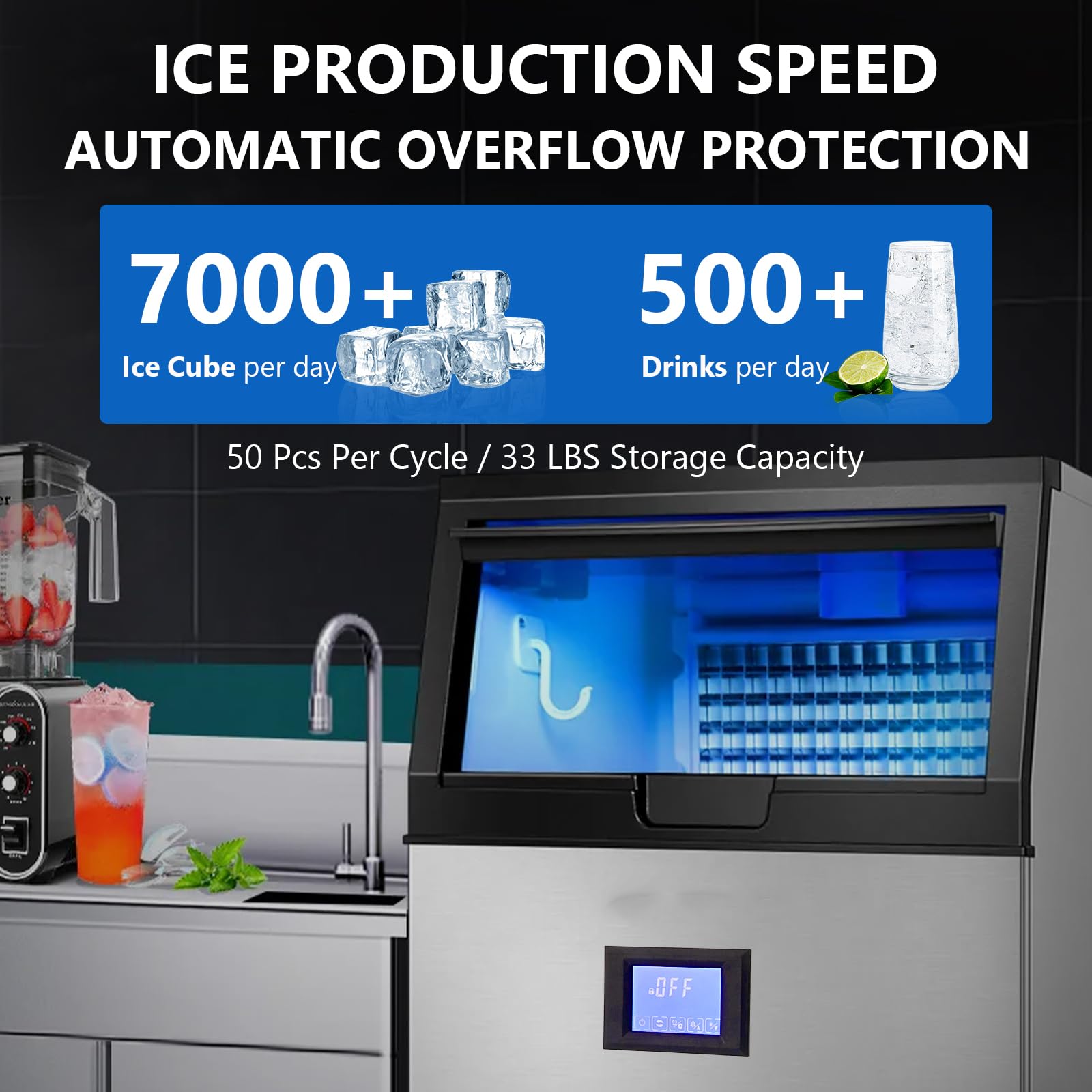 Garvee Commercial Ice Machine, 100Lbs/24H Ice Maker With 2 Water Inlet Modes, 50Pcs/Cycle, 33Lbs Storage Bin, Ice Machine For Ho