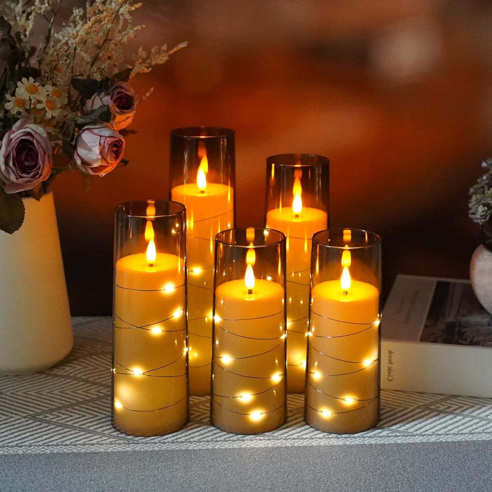 Obrldpao Flameless Candles Battery Operated,5 Pcs Acrylic Flickering Led Candles With Remote,With Embedded Star String Flameless