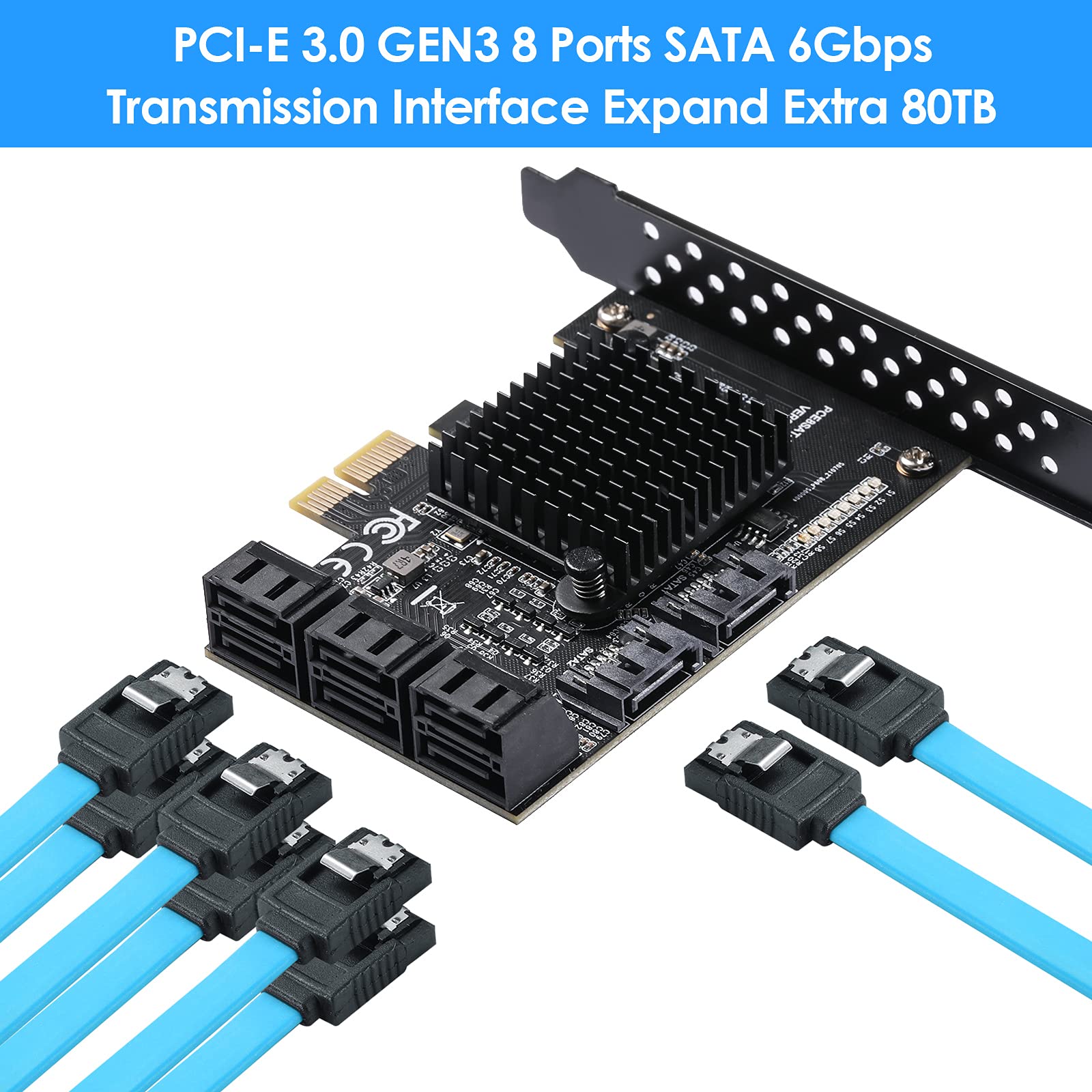Beyimei Pcie Sata Card 8 Ports, With 8 Sata Cables, Power Splitter Cable Andlow Profile Bracket,Sata 3.0 Controller Expansion Card, Pci E X1 3.0 Gen3 (6Gbps) Controller Card (Asm1064+Jmb575)