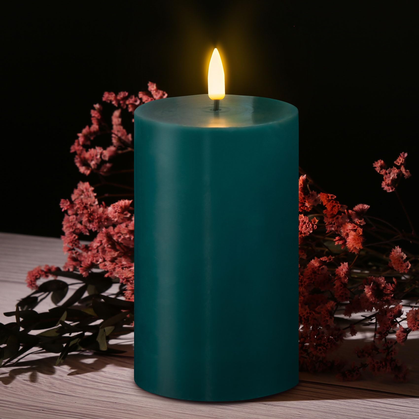 Girimax Dark Green Flameless Pillar Candles With Remote, Real Wax Flickering Battery Operated Led Candles F 3'' H 4'' 5'' 6''