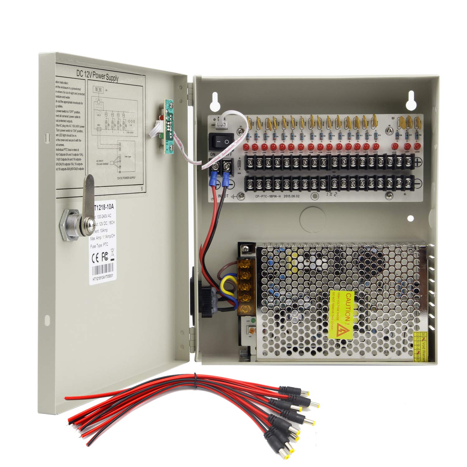 Xenocam 18 Channel 12 Volt Dc Output Cctv Distributed Power Supply Box For Security Camera With 18 Pcs. Dc Male Pigtail