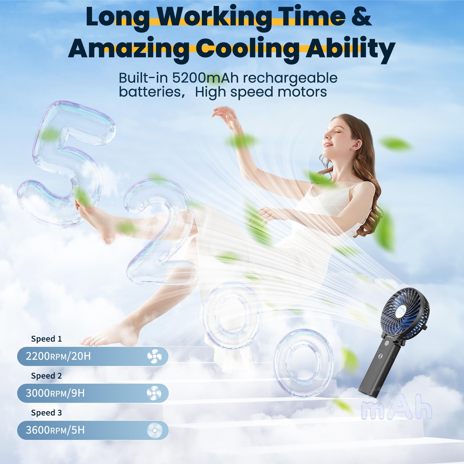 Handfan Portable Handheld Fan With Power Bank, 2 In 1 Hand Fan, 5200Mah Rechargeable Battery Operated, Personal Foldable Makeup