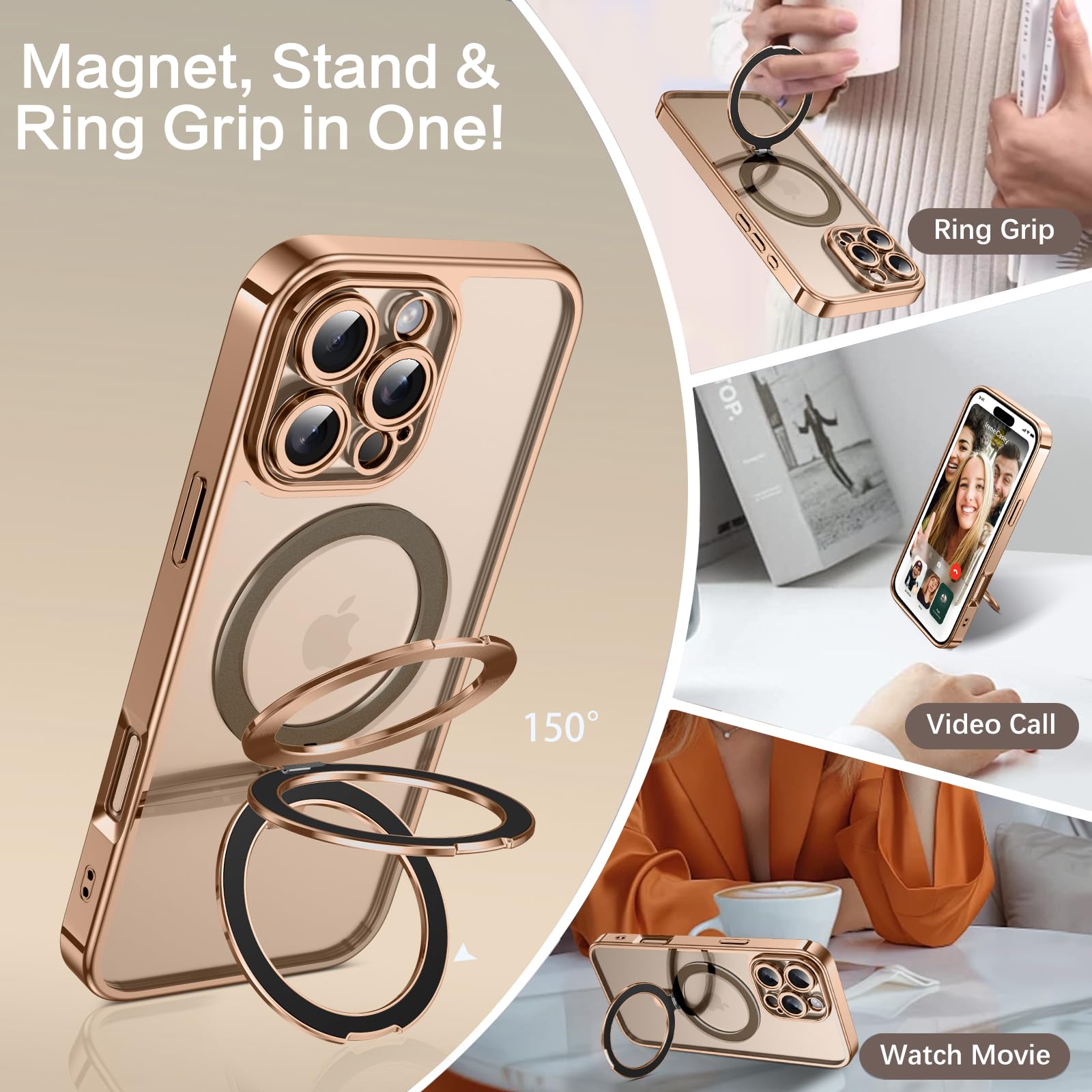 Veningo Iphone 16 Pro Max Case, Magnetic Slim Thin Magsafe Plating Clear Back With Foldable Ring Holder Kickstand Shockproof Pro