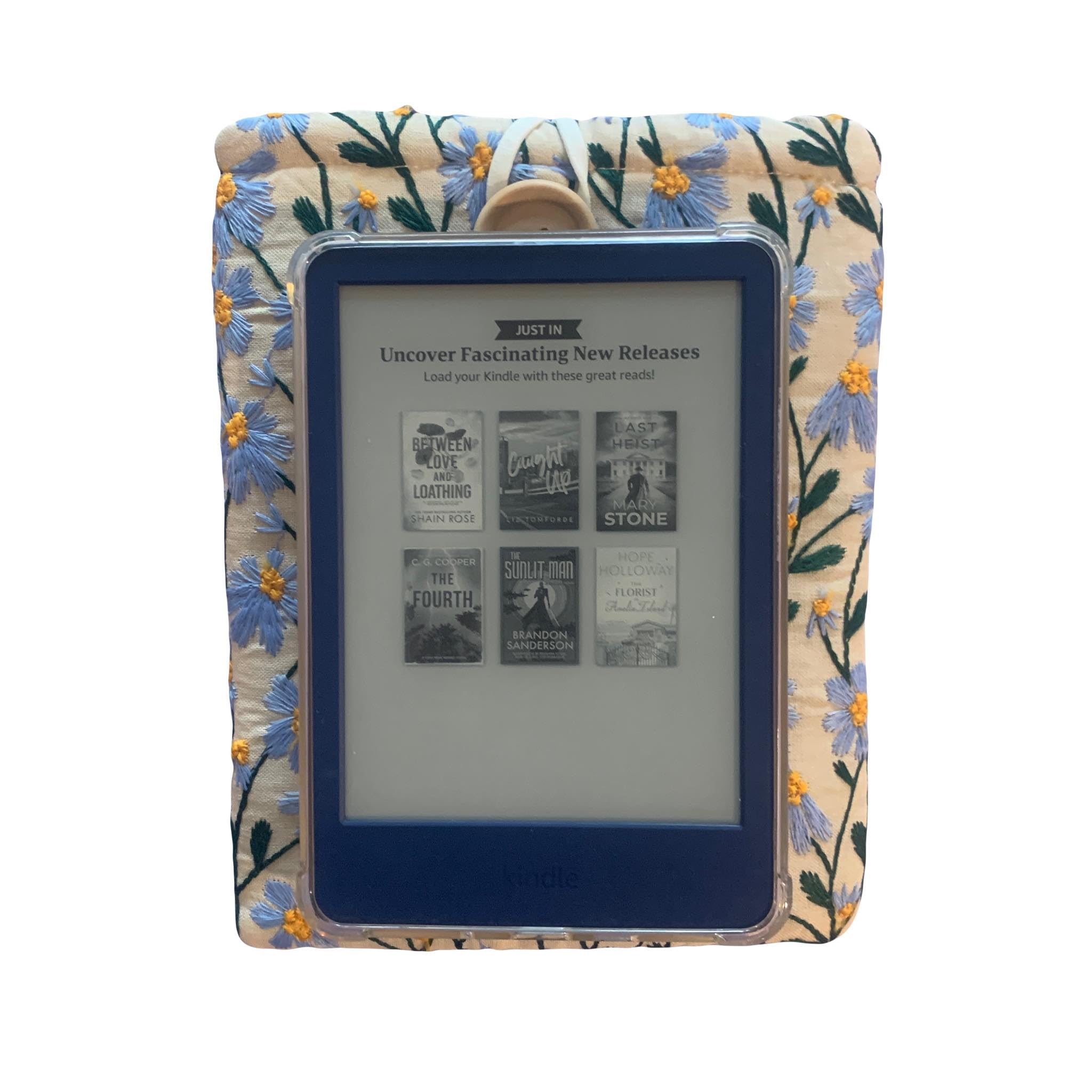 BirdieQPlusTwo Embroidered Daisy Kindle Paperwhite Sleeve 6x8 - Padded E-Reader Pouch for Extra Protection, Blue Beige