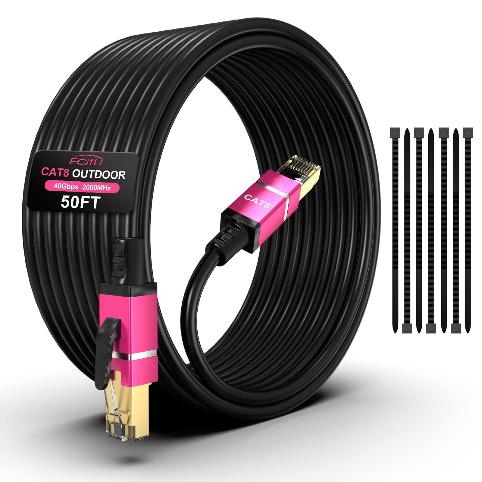50Ft Cat8 Outdoor Ethernet Cable, In Ground, 26Awg Pure Copper Cat 8, Heavy Duty Direct Burial, Lldpe Uv Jacket, Waterproof, 40Gbps 2000Mhz Sftp Patch Cord, Poe, Network, Internet, With 25 Cable Ties