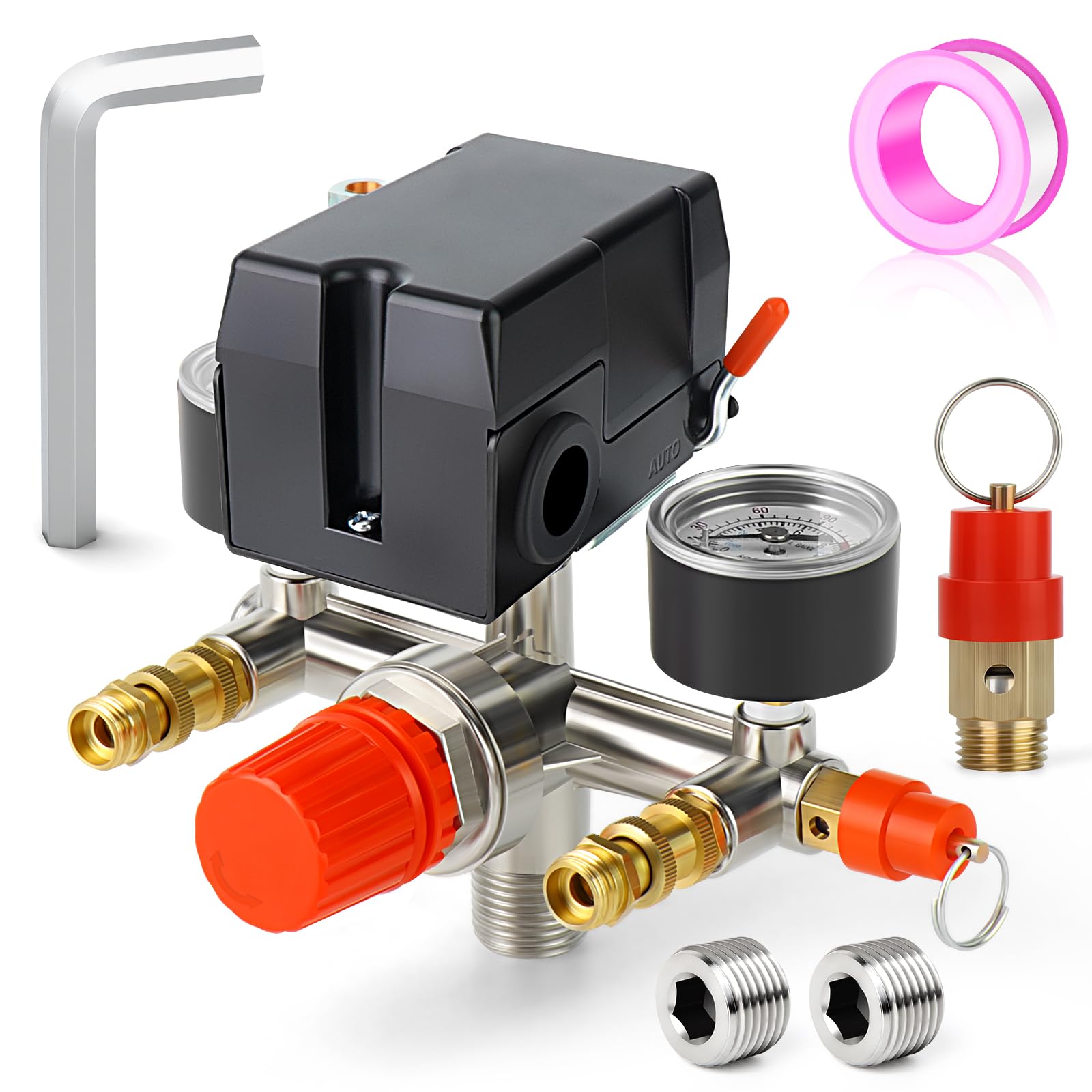 Meanlin Measure Air Compressor Pressure Switch Control Valve 95 125 Psi 110V 240V 1 Way Replacement Parts With 0 180 Pressure Ga