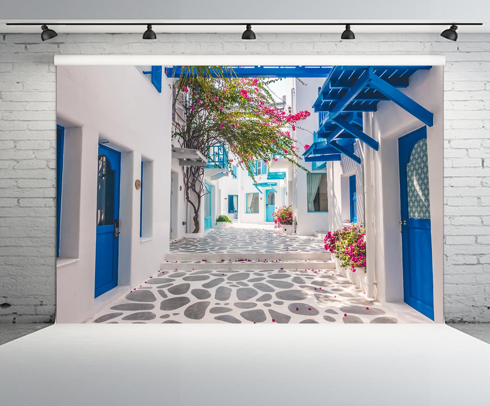 Chnywork 7Ftx5Ft Greece Backdrop Santorini Morocco Blue Window Flowers Street Scenery Photo Background For Greece Wedding Birthd