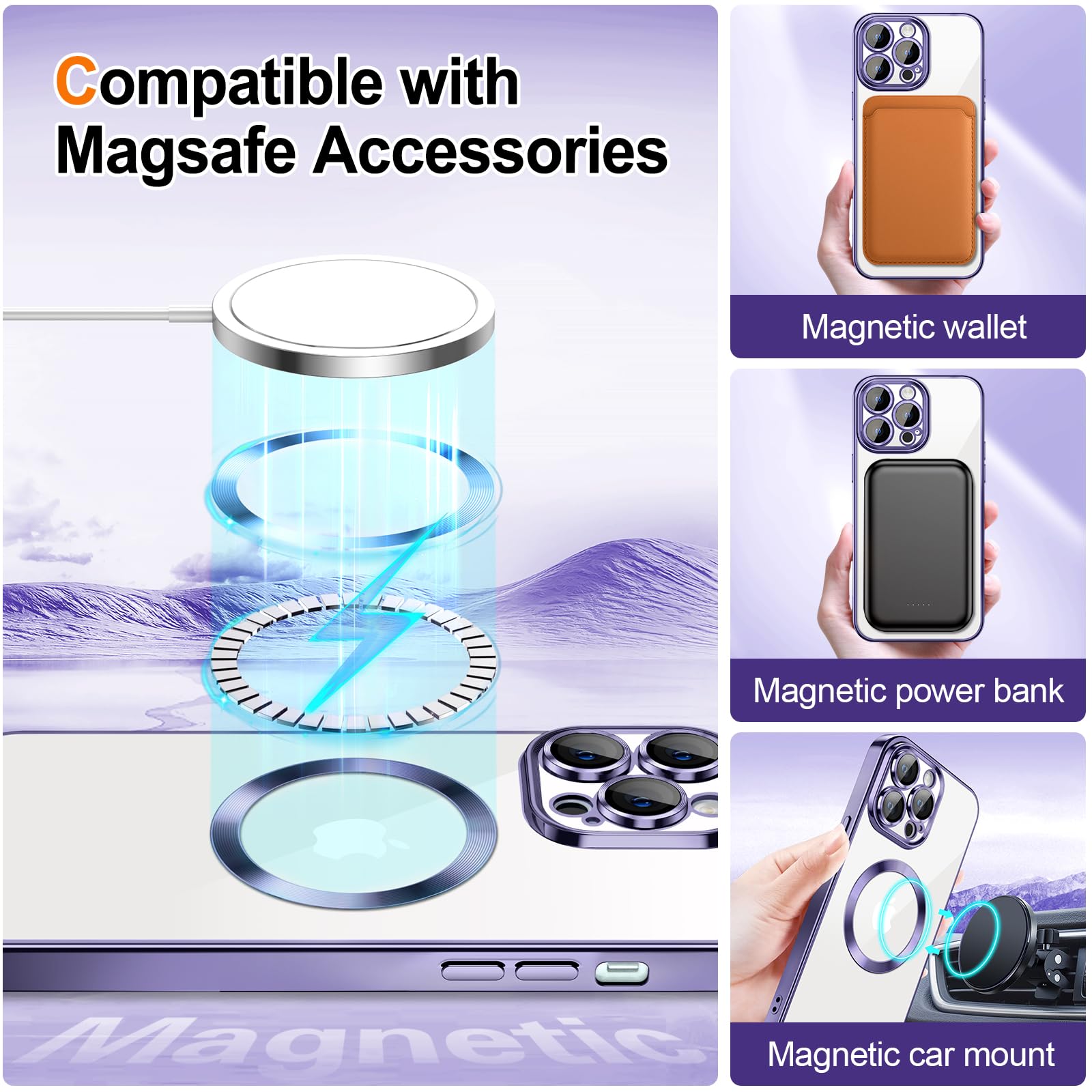 Hython For Iphone 13 Pro Case Clear Magnetic Glitter Phone Cases [Compatible With Magsafe] Full Camera Lens Protector Slim Gradi