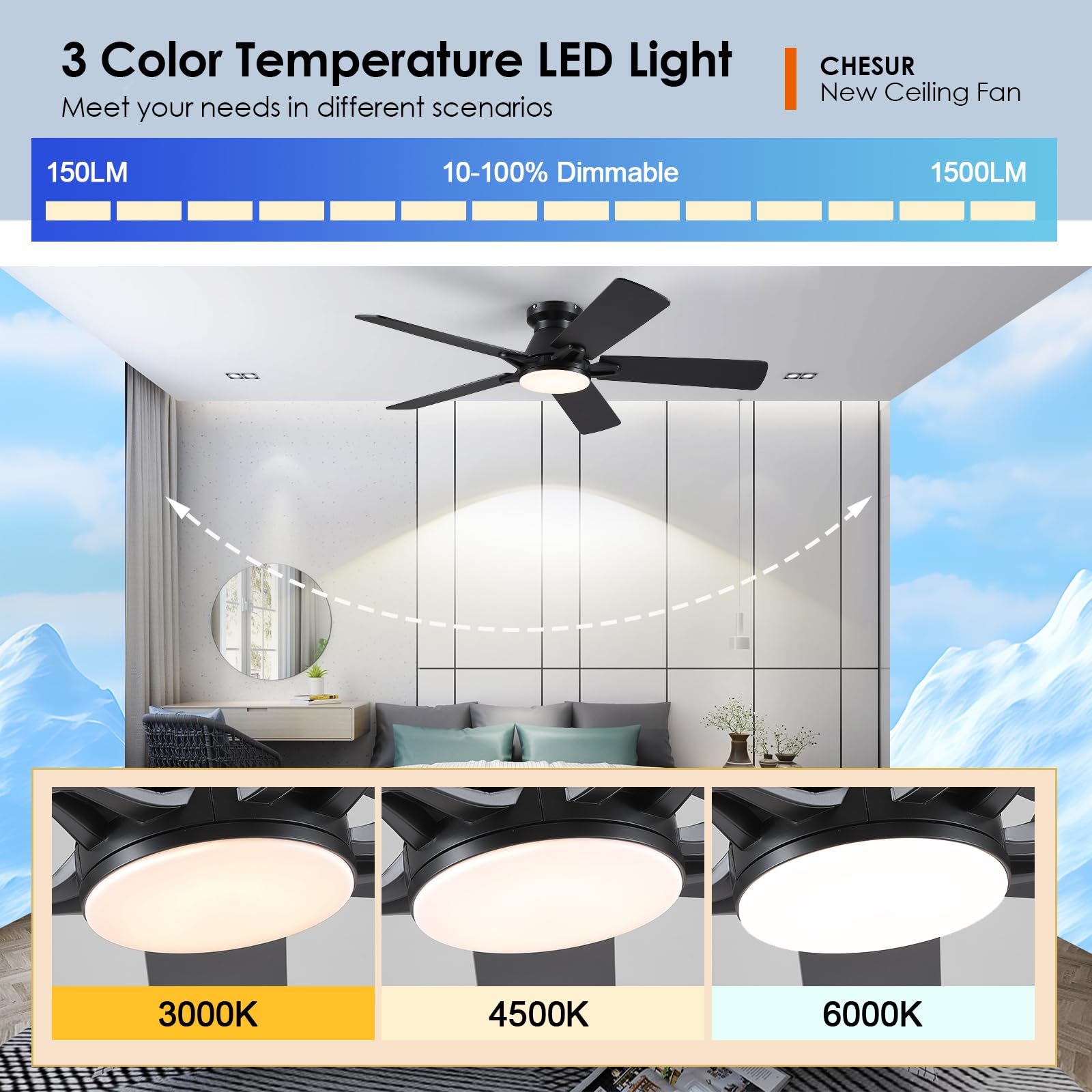 52 Inch Black Flush Mount Ceiling Fan With Dimmable Led Light, Remote/App Control, Reversible Dc Motor, Low Profile For Modern I