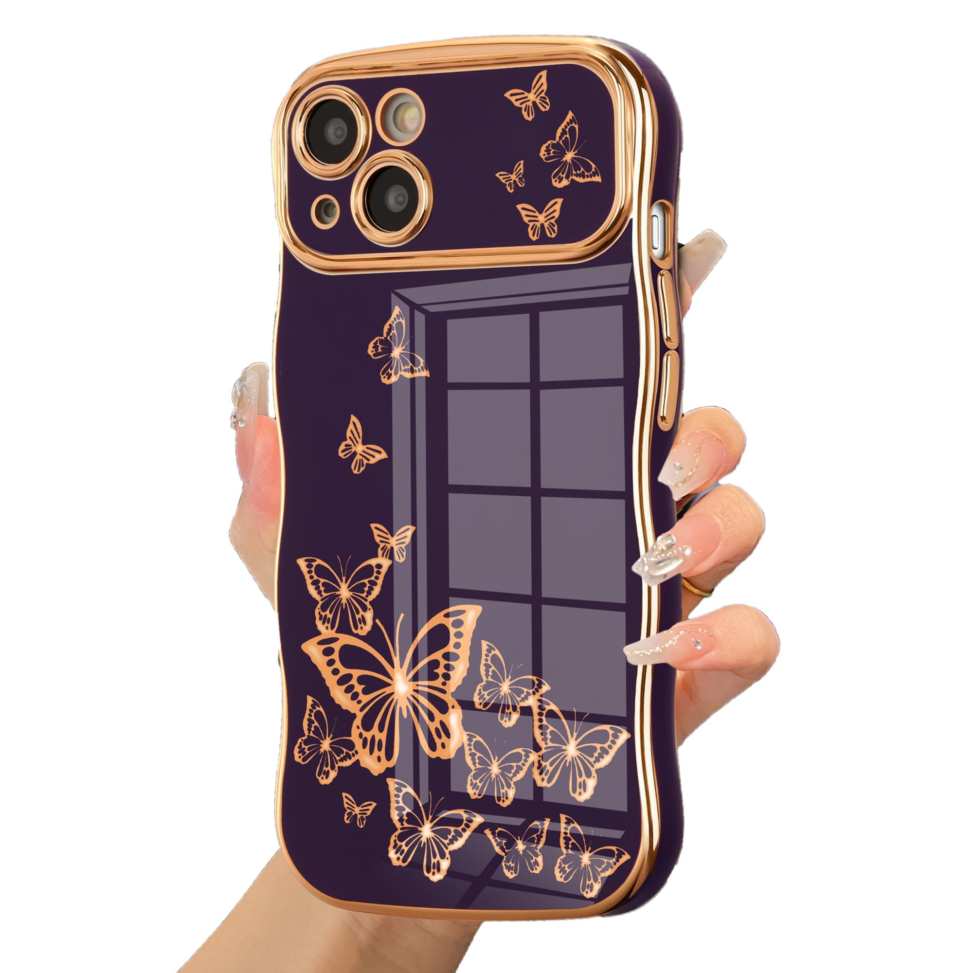 Ztofera For Iphone 13 Case For Girl Women, Cute Curly Wave Frame With Luxury Plating Butterfly Pattern, Soft Tpu Gold Edge Shock