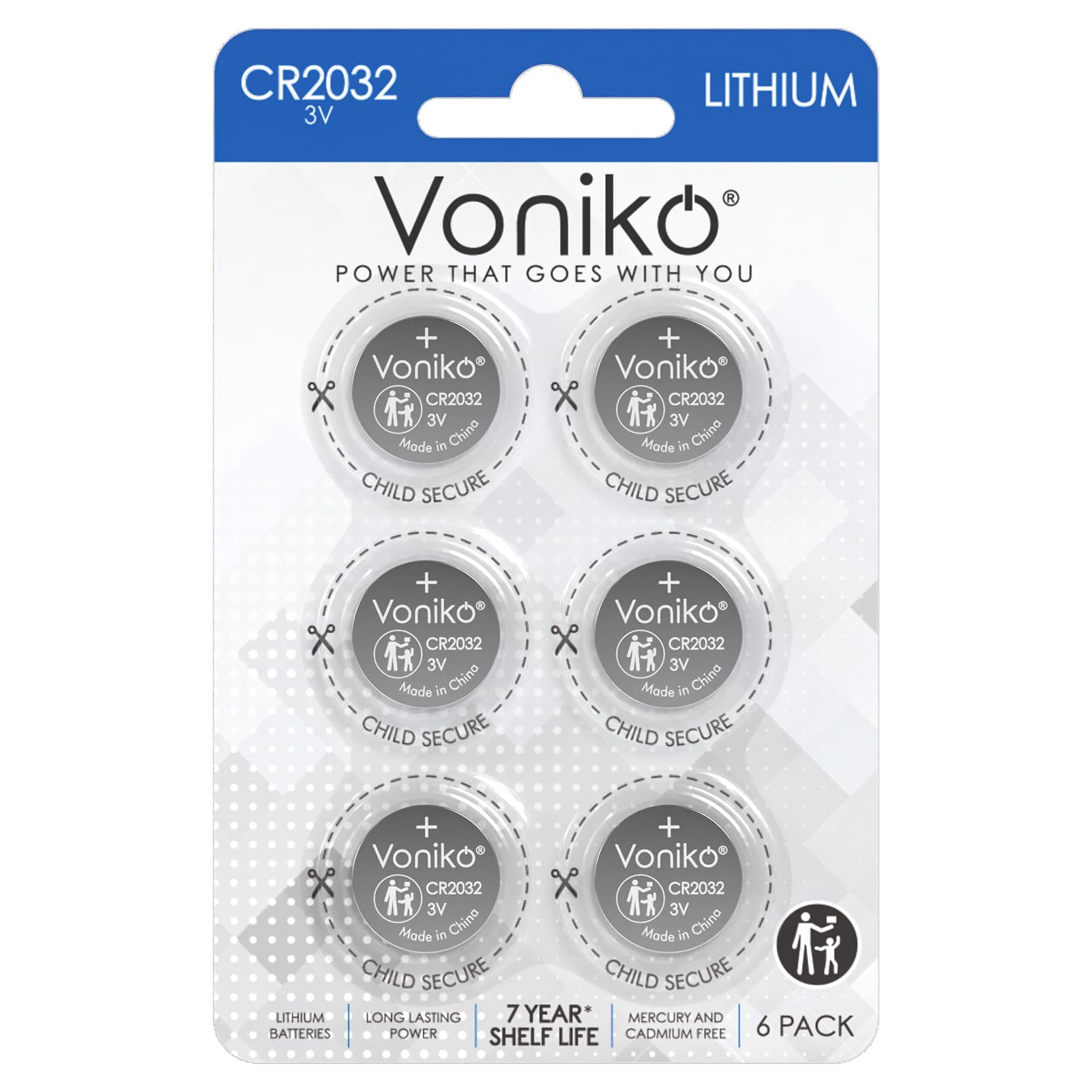 Voniko 3 Volt CR2032 Battery 6 Pack - Lithium Batteries - 2032 Button Battery Flat - 7 Years Shelf Life