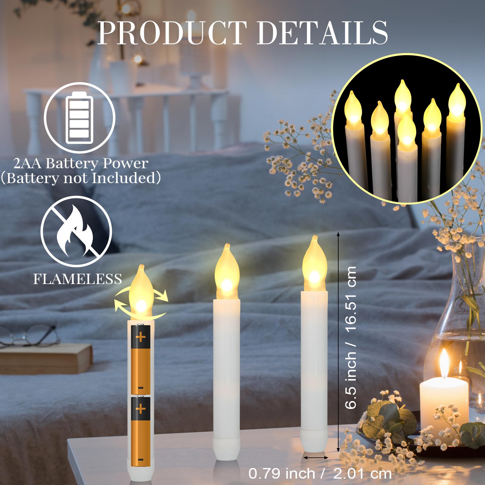 Macarrie 108 Pieces Flameless Led Taper Candles Battery Operated Candles, Flickering Light, Electric Handheld Candlesticks For C